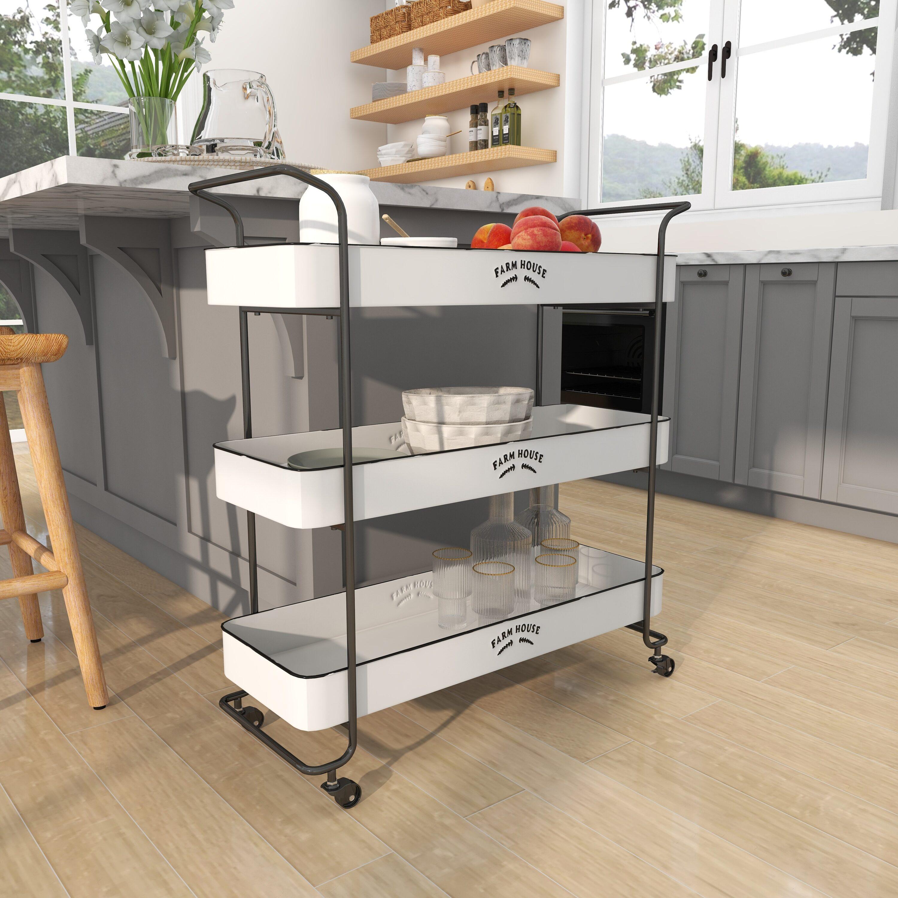 DecMode 32" x 35" White Metal Kitchen Rolling 3 Shelves Bar Cart with Black Accents and Farm House Design, 1-Piece