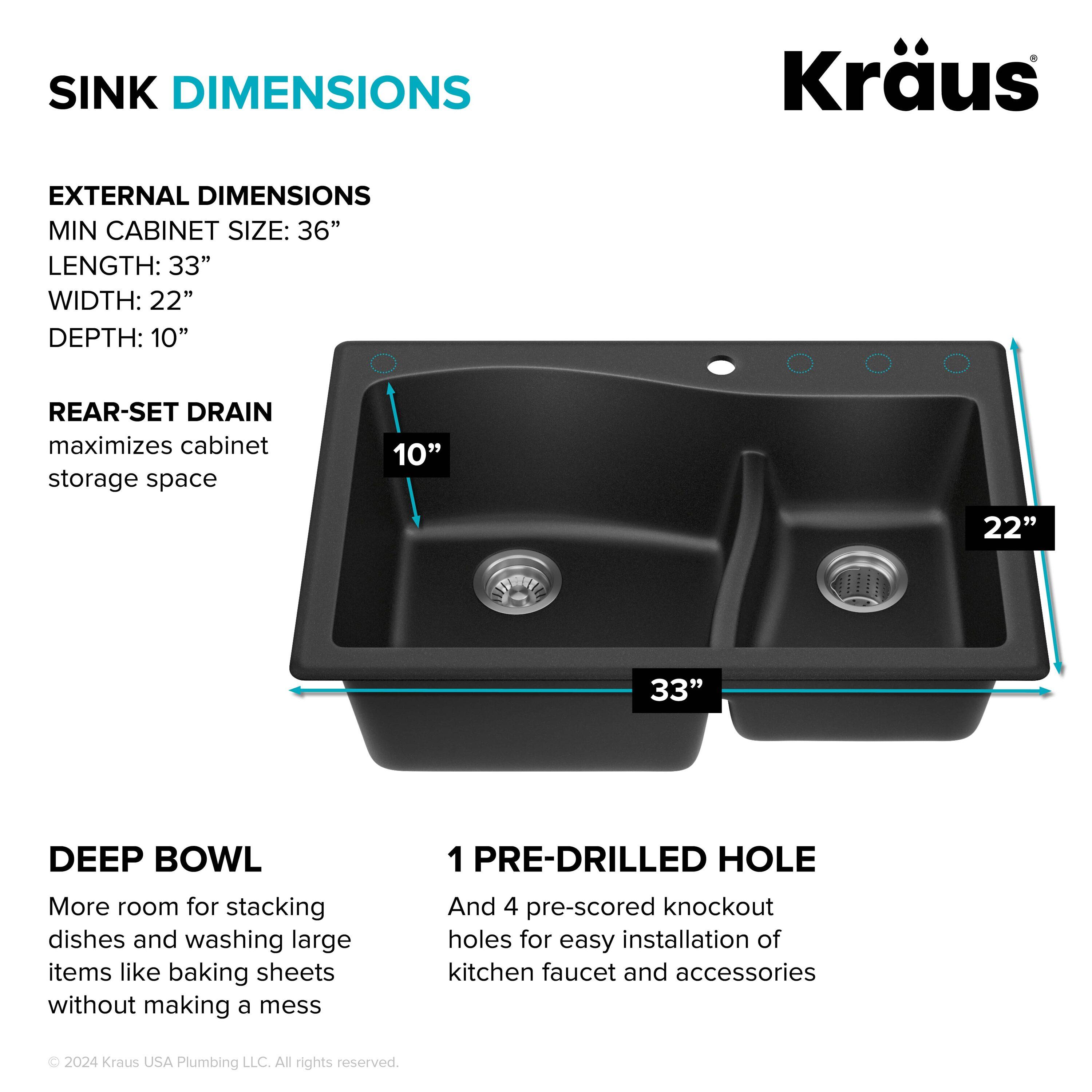 KRAUS Quarza™ 33" L Dual Mount 60/40 Double Bowl Granite Kitchen Sink