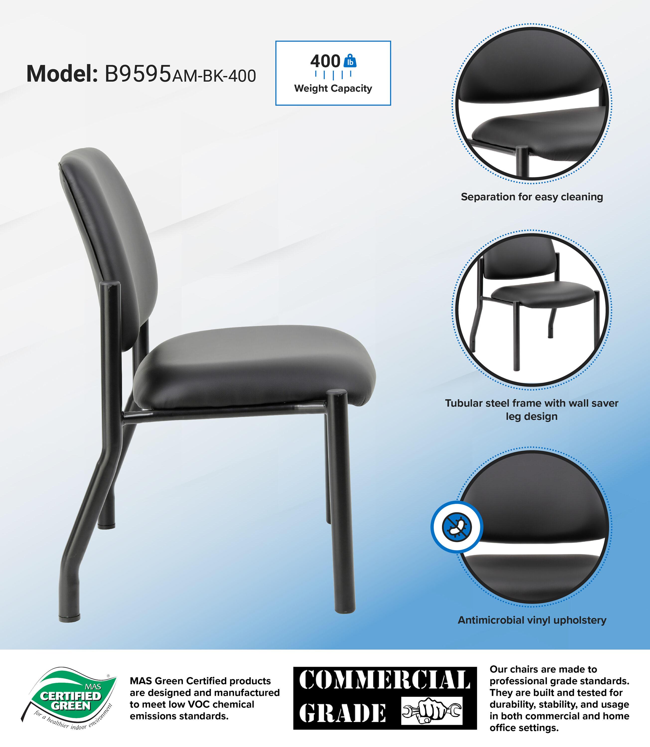 400lbs Weight Capacity Guest Chair Antimicrobial Black - Boss Office Products: Sturdy, Easy Clean, Armless