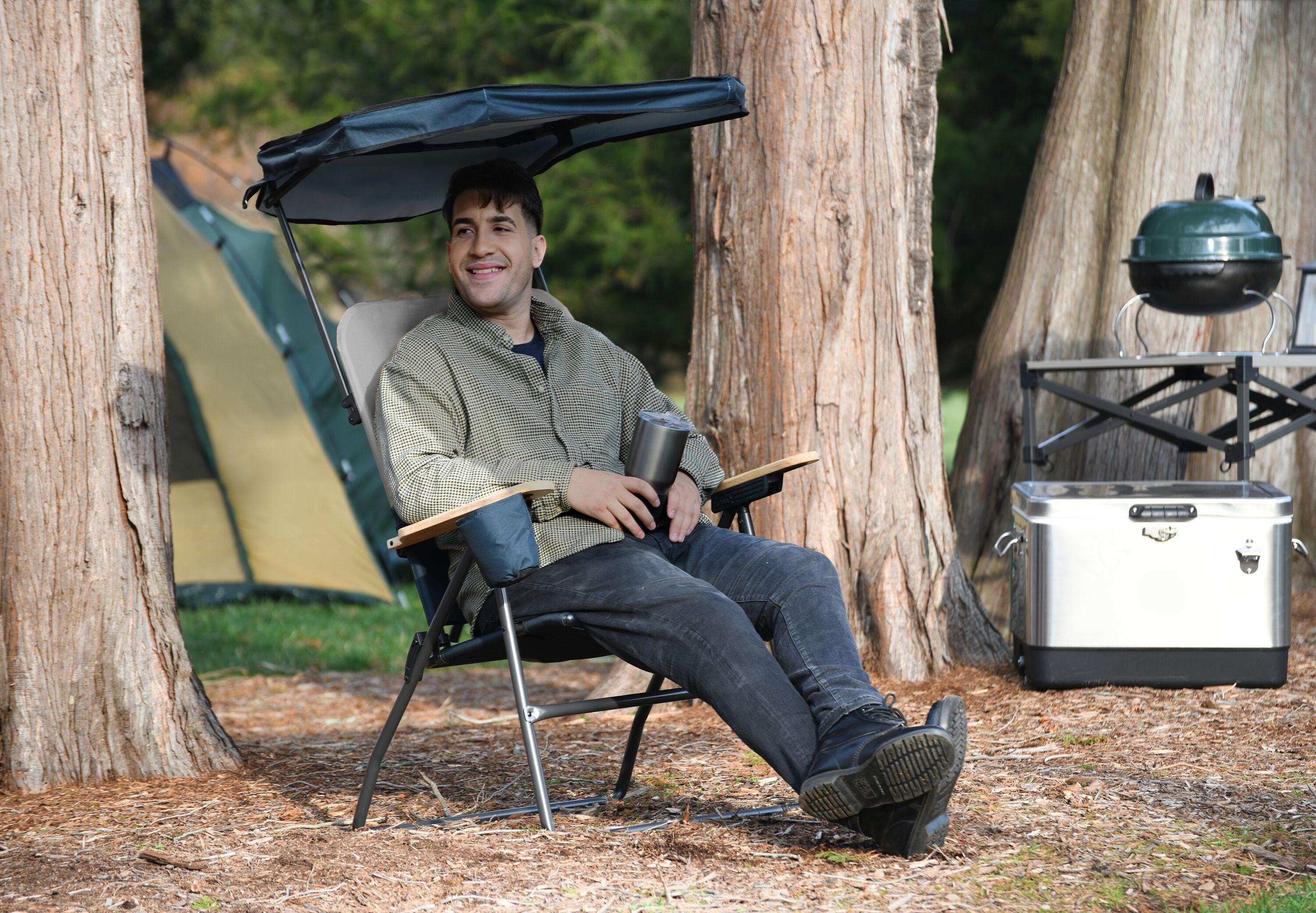 Gray and Black Steel Frame XXL Camping Chair with Wood Arms