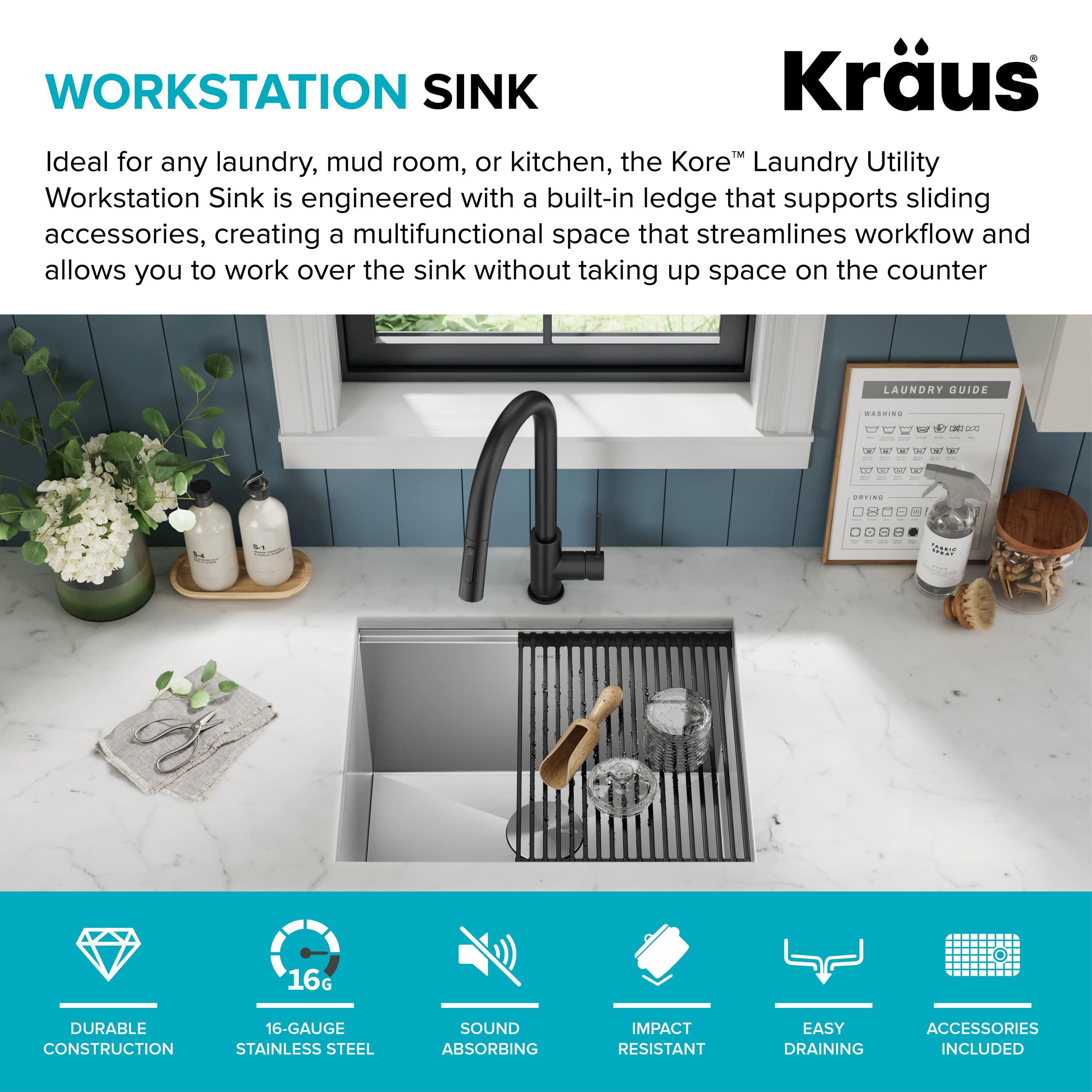 KRAUS Kore™ 23" L Undermount Workstation 16 Gauge Stainless Steel Single Bowl Laundry Utility Kitchen Sink