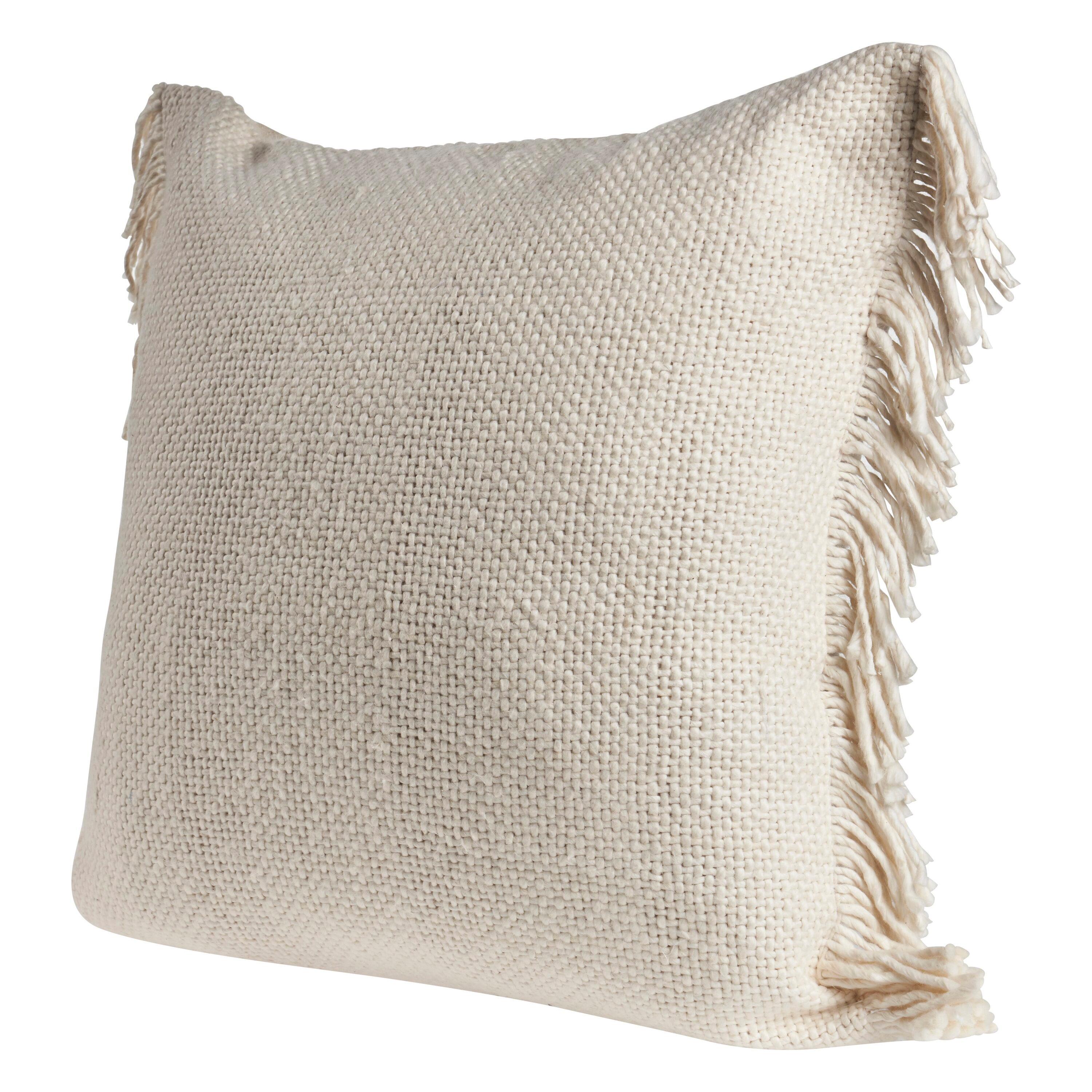 Ivory Woven Cotton Blend Throw Pillow with Fringe, 20 x 20