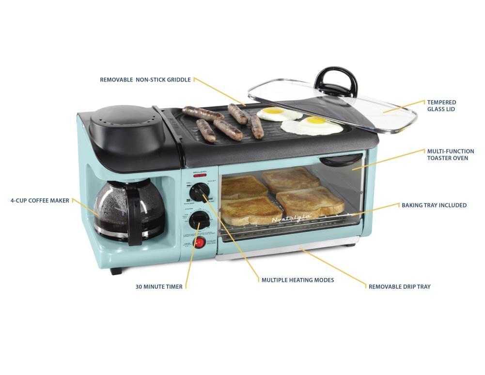 Nostalgia Retro 3-in-1 Family Size Electric Breakfast Station, Coffeemaker, Griddle, Toaster Oven, Aqua