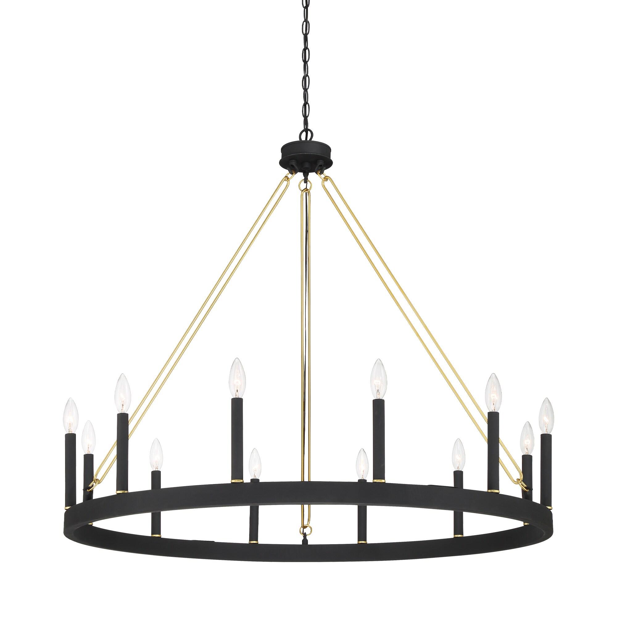 ACROMA  12-light 40In Modern Farmhouse Wagon Wheel Chandelier Black/ Gold Candle Lighting - 40'' D