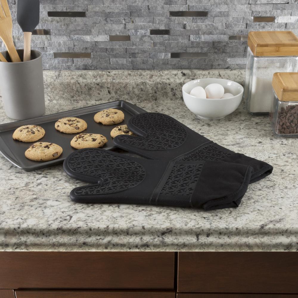 Silicone Oven Mitts - Extra Long Professional Quality Heat Resistant with Quilted Lining and 2-sided Textured Grip - 1 pair Black by Hastings Home