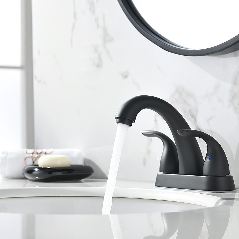 Phiestina 4 Inch 2 or 3 Holes 2 Handles Centerset Matte Black Lead-Free Bathroom Sink Faucet, Bathroom Faucet with Copper Pop Up Drain and Water Supply Lines, BF008-5-MB