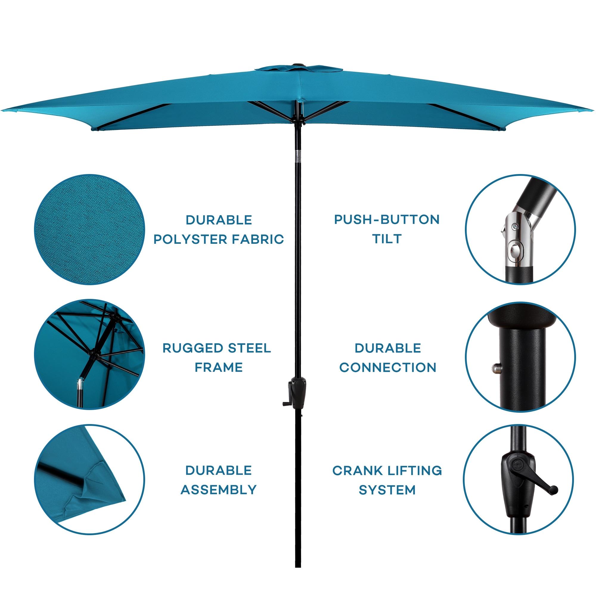 Sun-Ray 6.6x10 FT Rectangular Patio Umbrella with Push-Button Tilt and Hand Crank Canopy Lift, Table Umbrella with Solution Dyed Navy Fabric for Porch, Deck, Garden, and Swimming Pool, Teal