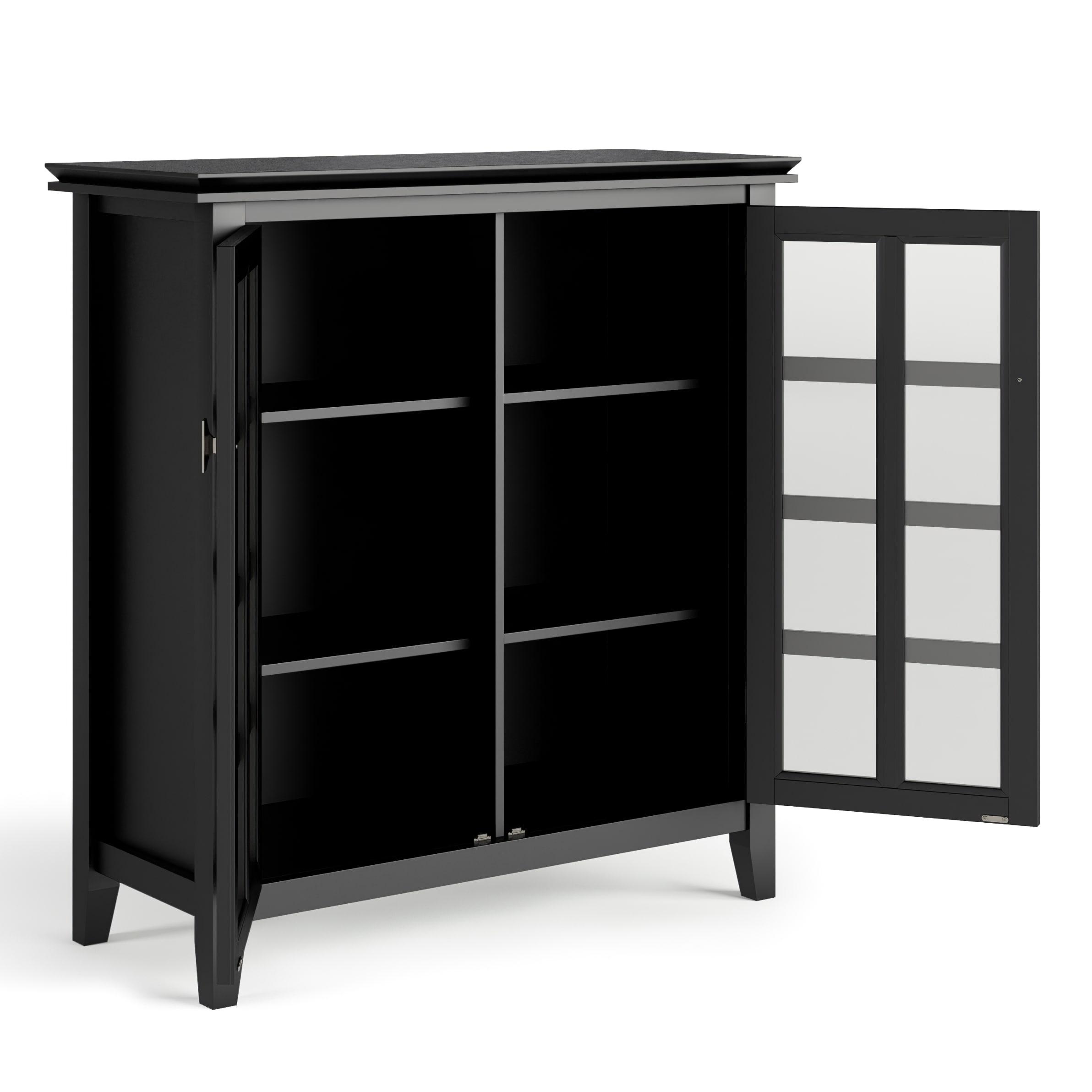 Simpli Home Artisan 38"W Solid Wood 4-Shelf Medium Storage Cabinet with Glass Doors and Adjustable Shelves