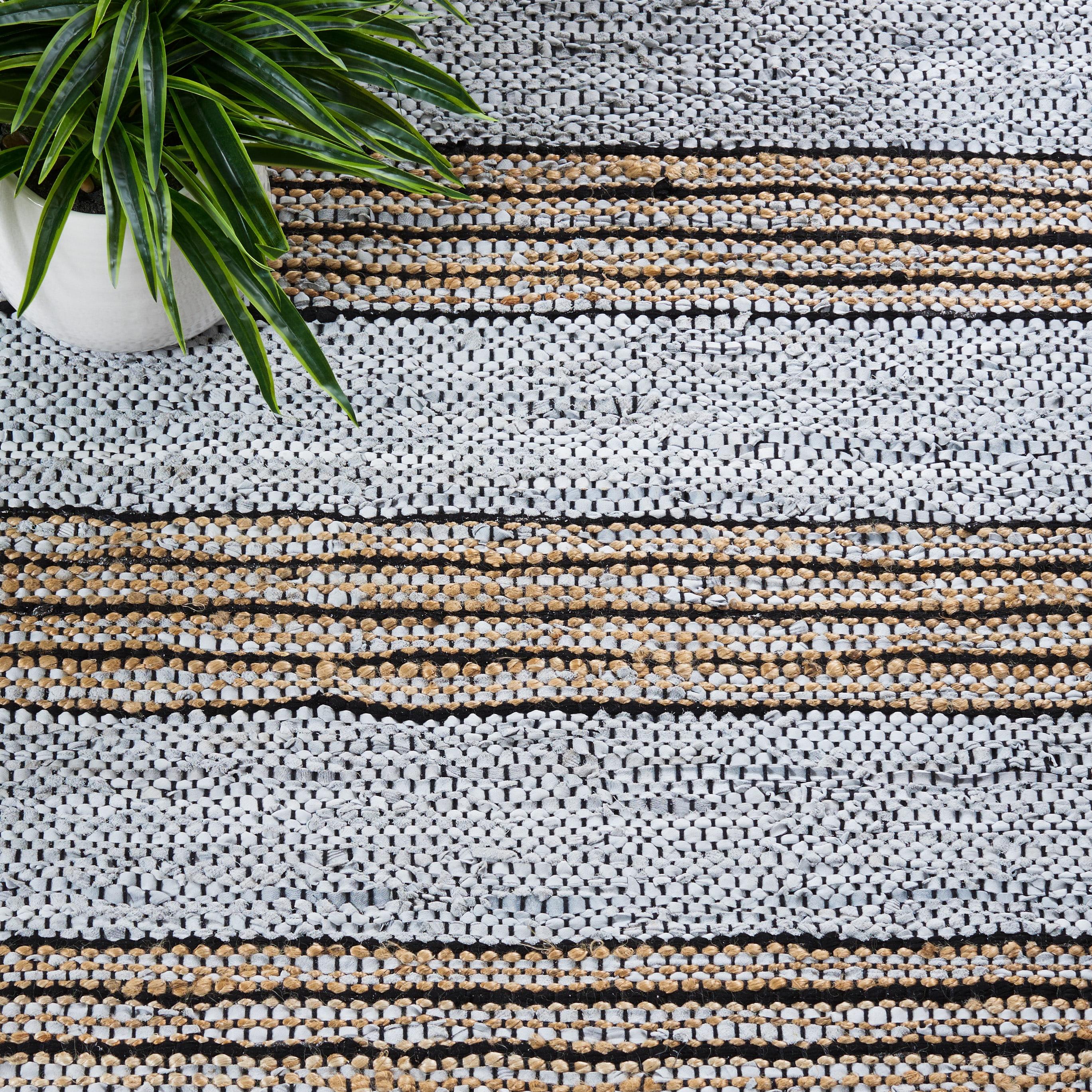 Vintage Leather Hand Woven 70% Leather, 25% Jute, And 10% Cotton Striped Rug
