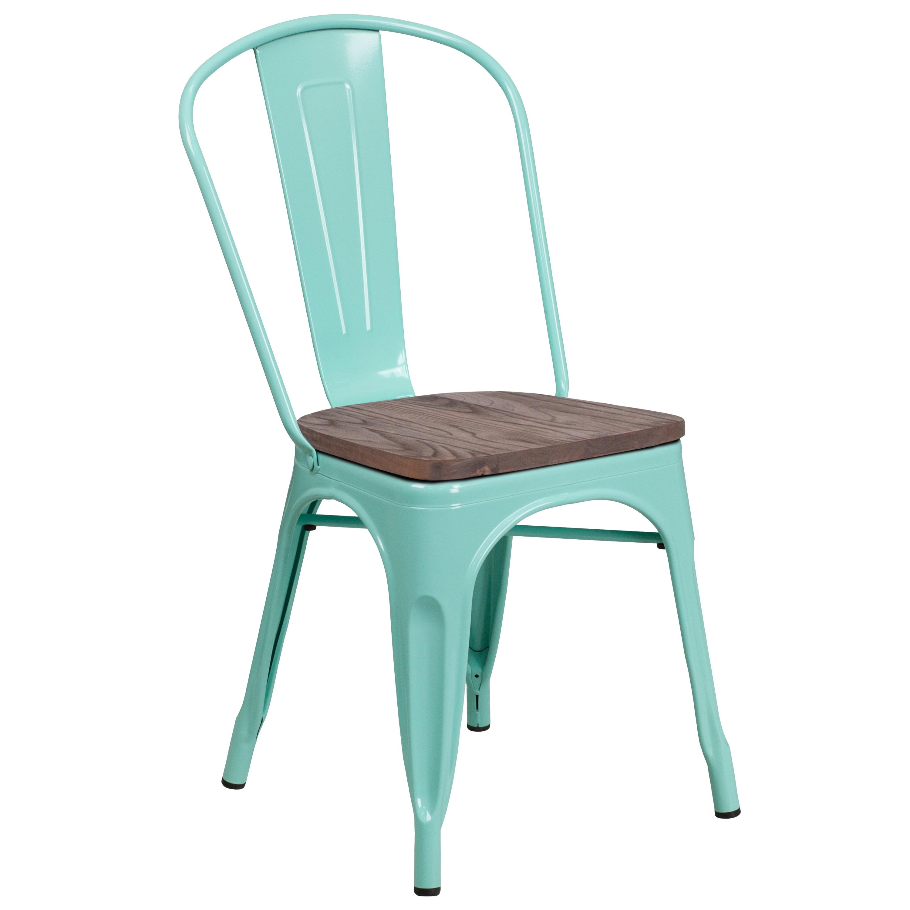 Flash Furniture Mint Green Metal Stackable Chair with Wood Seat