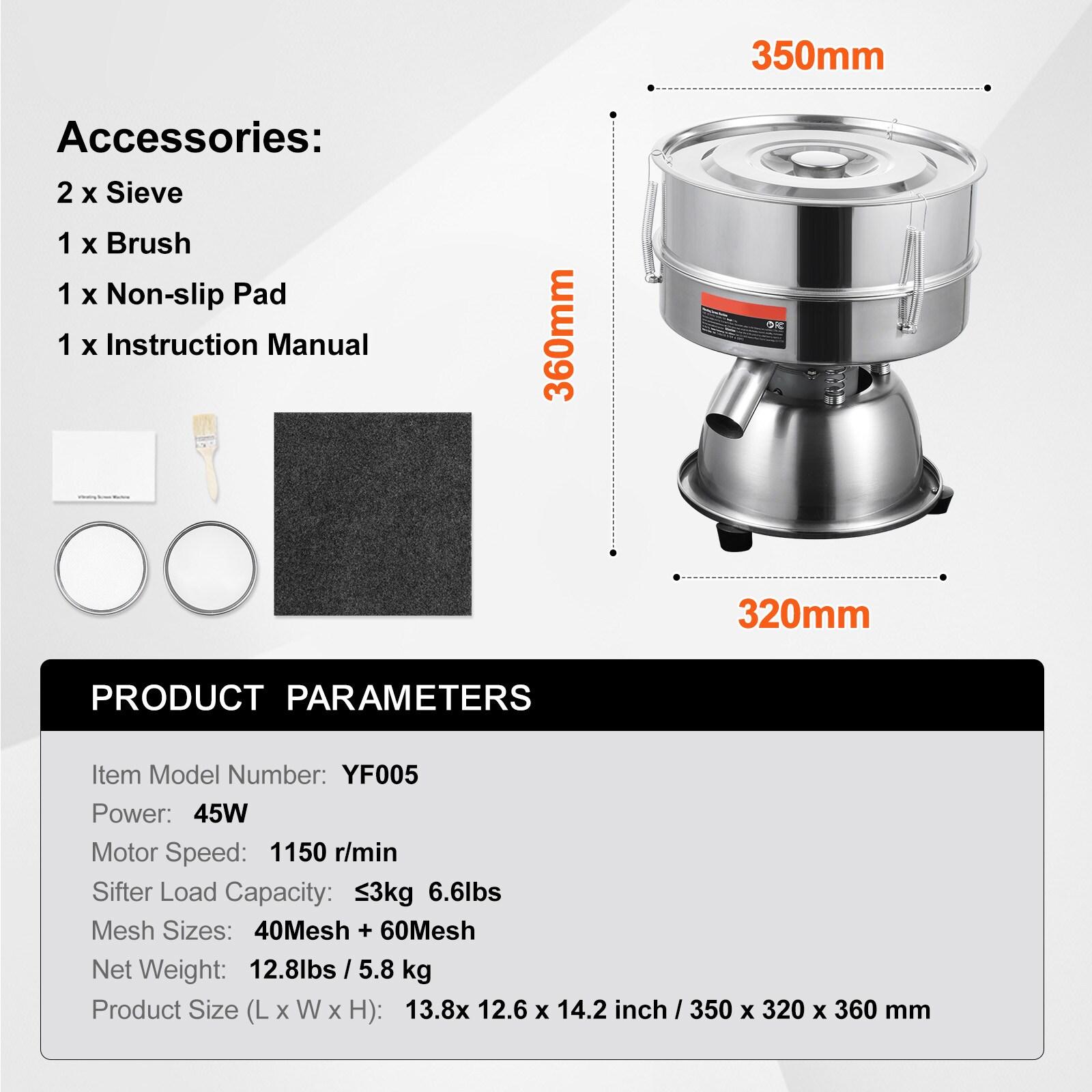 VEVOR Automatic Electric Vibrating Sieve, Stainless Steel Sifter Shaker Machine with 40+60 Mesh, 45W Automatic Powder Sifter Machine Countertop