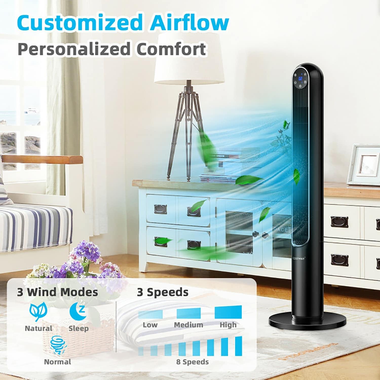 Spaco 42 Inch 80 Degree Tower Fan with Smart Display Panel and Remote Control-Black, Tower Fan, Oscillating Tower Fan, Quiet Cooling Whole Room Bladeless