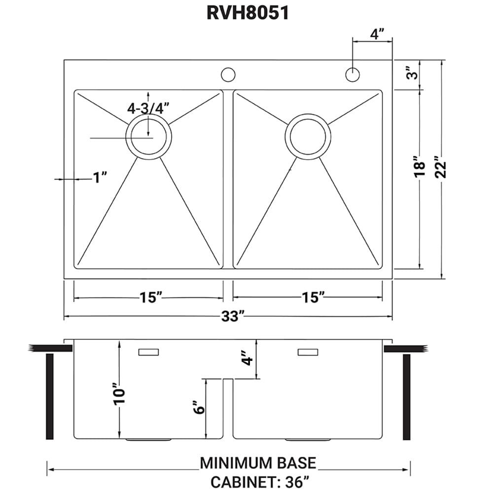 Ruvati 33 x 22 inch Drop-in 50/50Bowl Rounded Corners Topmount Stainless Steel Kitchen Sink