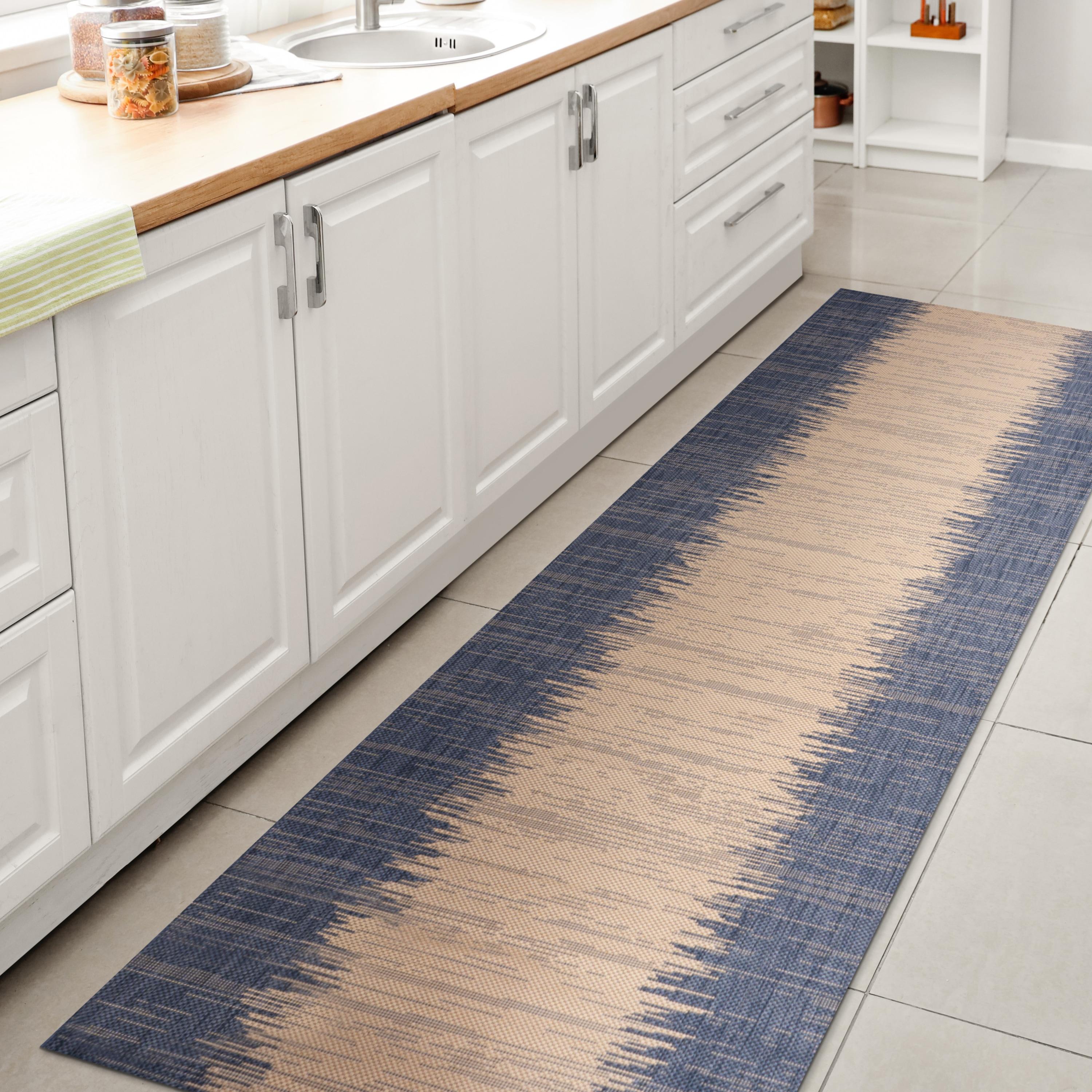 2' x 10' Tavira Modern Strie' Indoor/Outdoor Runner Rug, Blue/Beige - JONATHAN Y