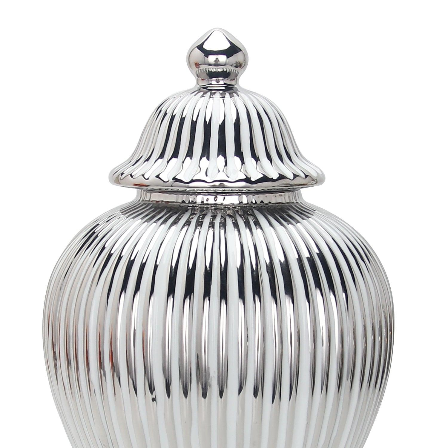 Beloved Ceramic White and Silver Ginger Jar Vase with Lid