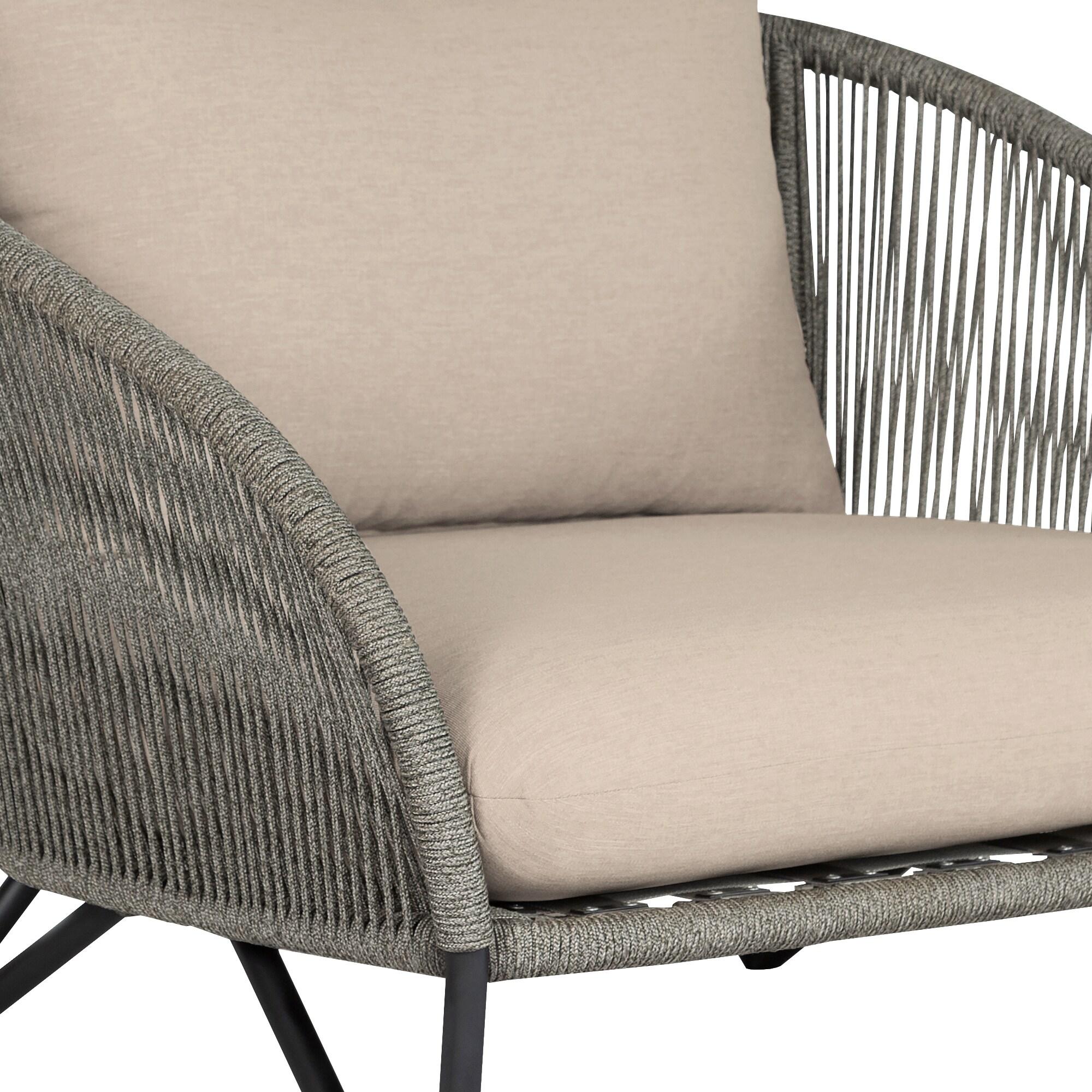 Benicia Outdoor Patio Chair in Black Steel with Gray Rope and Taupe Cushions