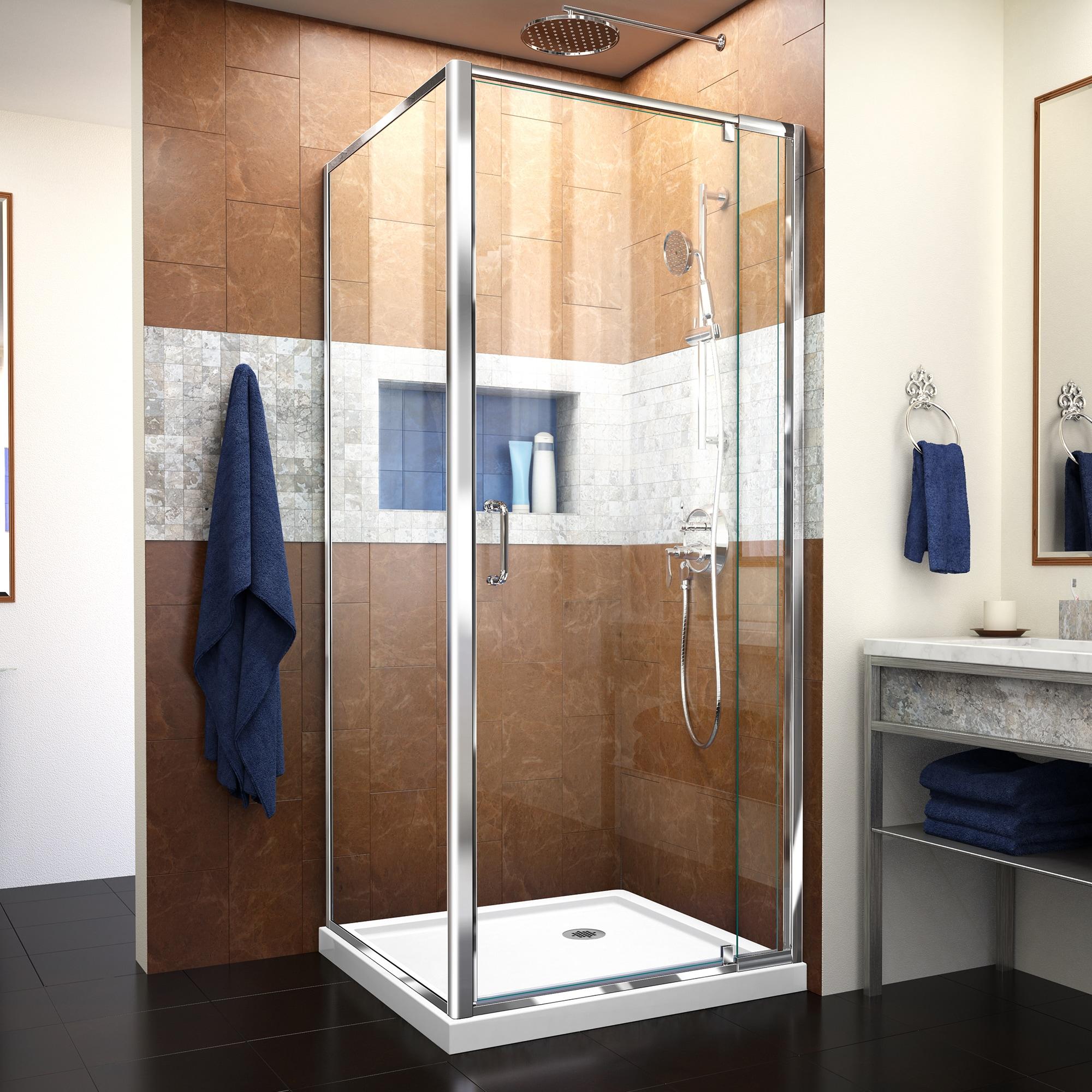 DreamLine Flex 32 in. D x 32 in. W x 74 3/4 in. H Semi-Frameless Pivot Shower Enclosure in Chrome with Corner Drain White Base
