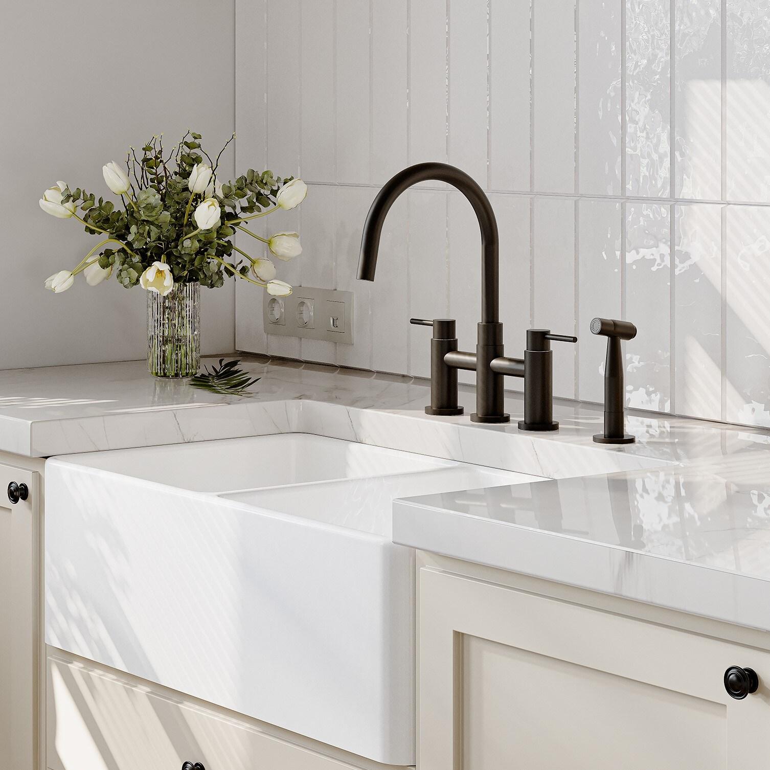 Double Handle Bridge Kitchen Faucet with Side Sprayer in Matte Black