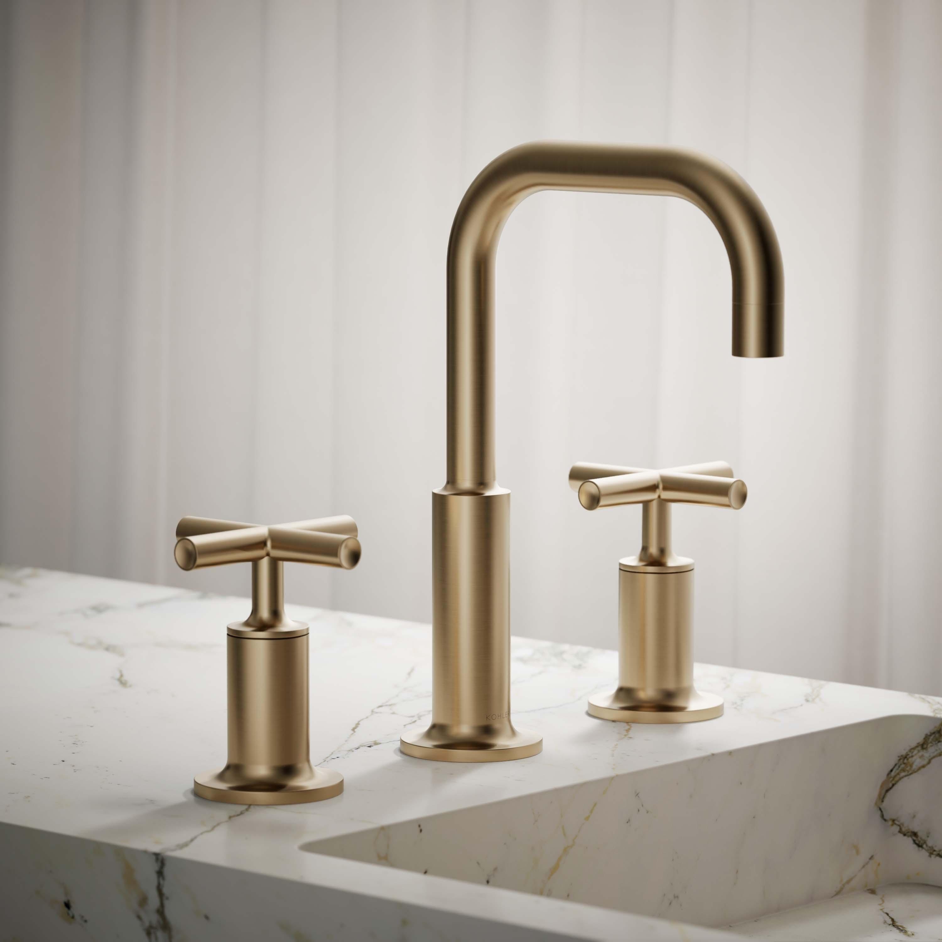 Kohler Purist® Widespread Bathroom Faucet with Pop-Up Drain Assembly, 3-Hole High Arc Cross Handle Bathroom Sink Faucet, 1.2 gpm