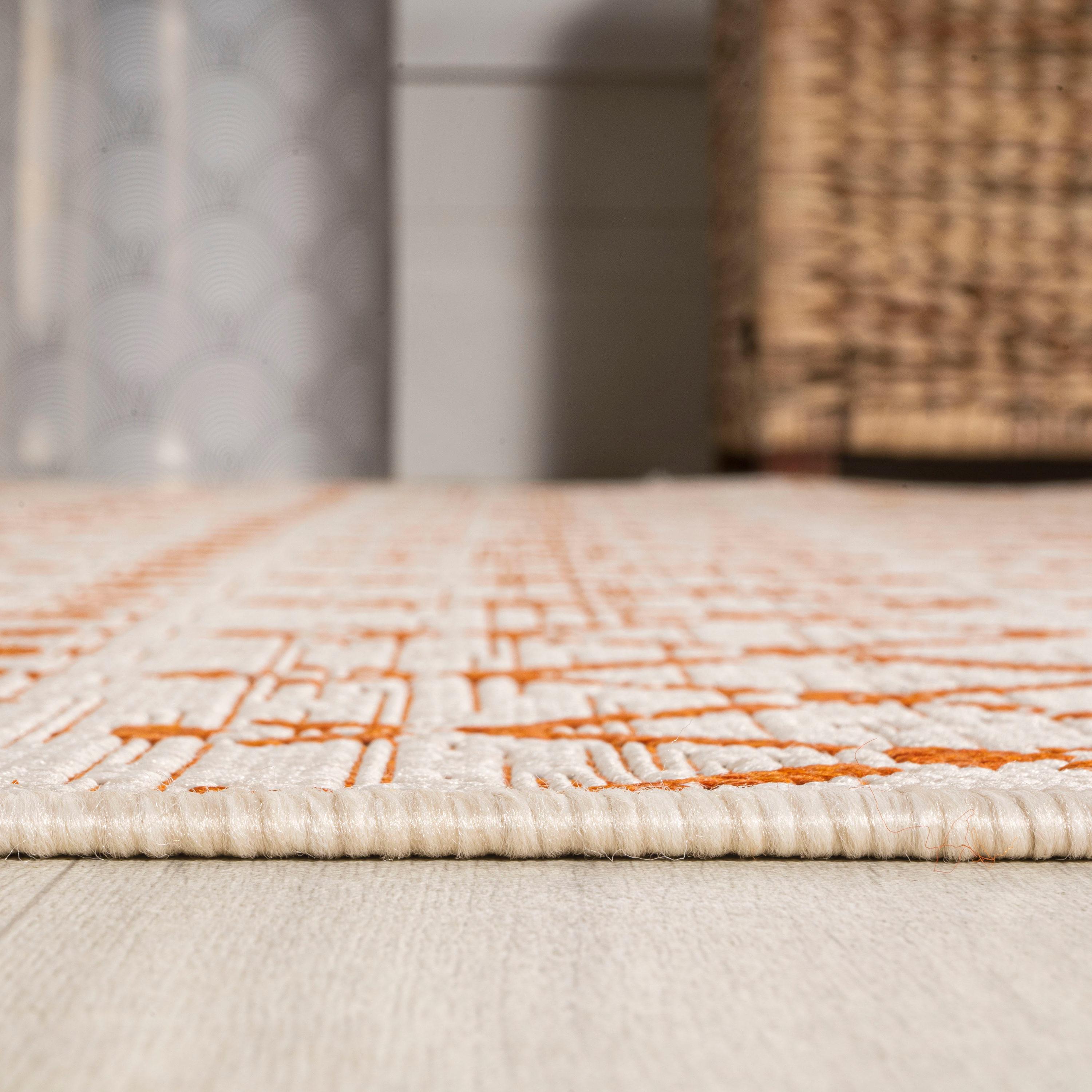 2' x 10' Ourika Moroccan Geometric Textured Weave Indoor/Outdoor Runner Rug, Cream/Orange - JONATHAN Y