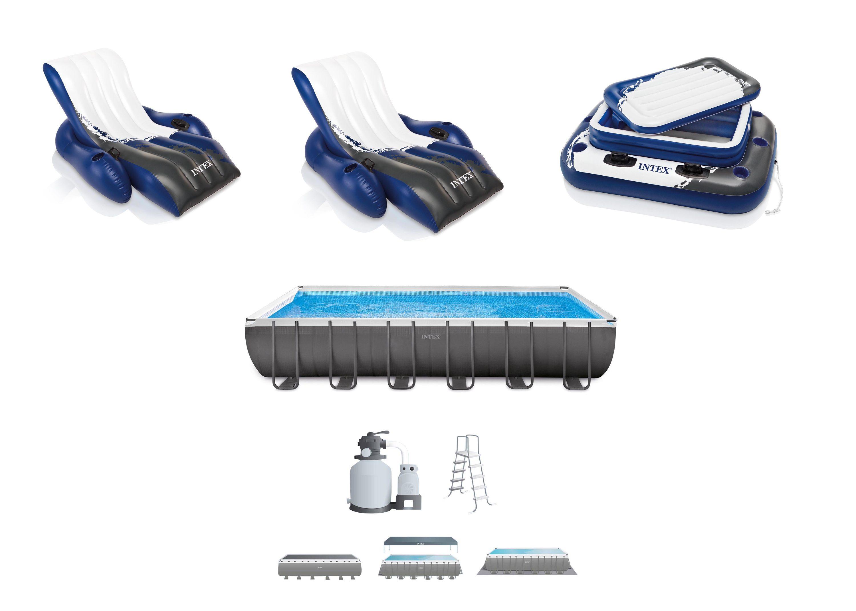 Intex 26363EH Ultra XTR 24ft x 12ft x 52in Outdoor Above Ground Rectangular Swimming Pool Set with 2 Lounge Pool Recliner Floats & 72 Can Cooler Float