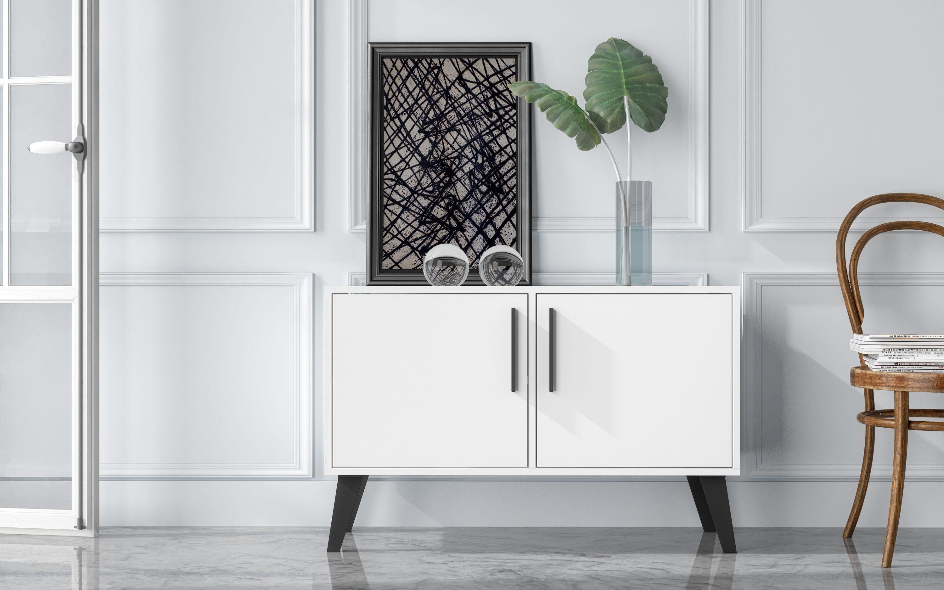 Amsterdam Double Side Table 2.0 White - Manhattan Comfort: Mid-Century Buffet, 2-Door Cabinet