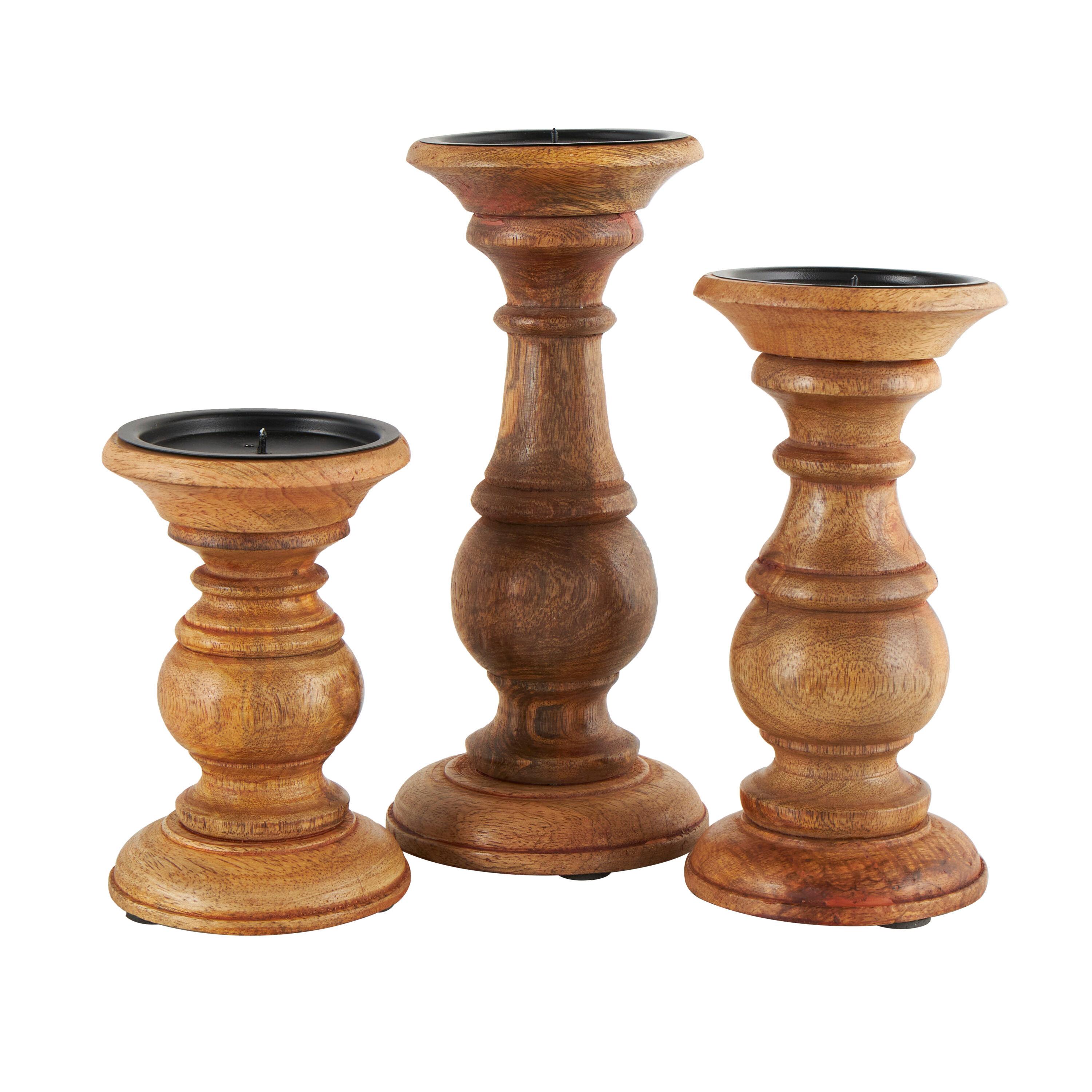 DecMode Traditional and Timeless Mango Wood Pillar Candle Holder Set of 3, 4", 8", 10"H, Brown Finish