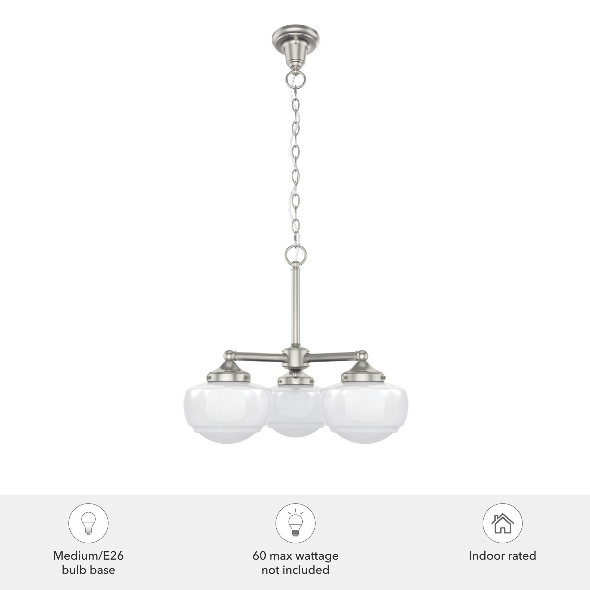 Hunter - Saddle Creek 3-light Brushed Nickel, Medium Size Chandelier, Dimmable, Schoolhouse Style, Candle Shaped, for Bedrooms, Kitchens, Dining, Living Rooms - 19355