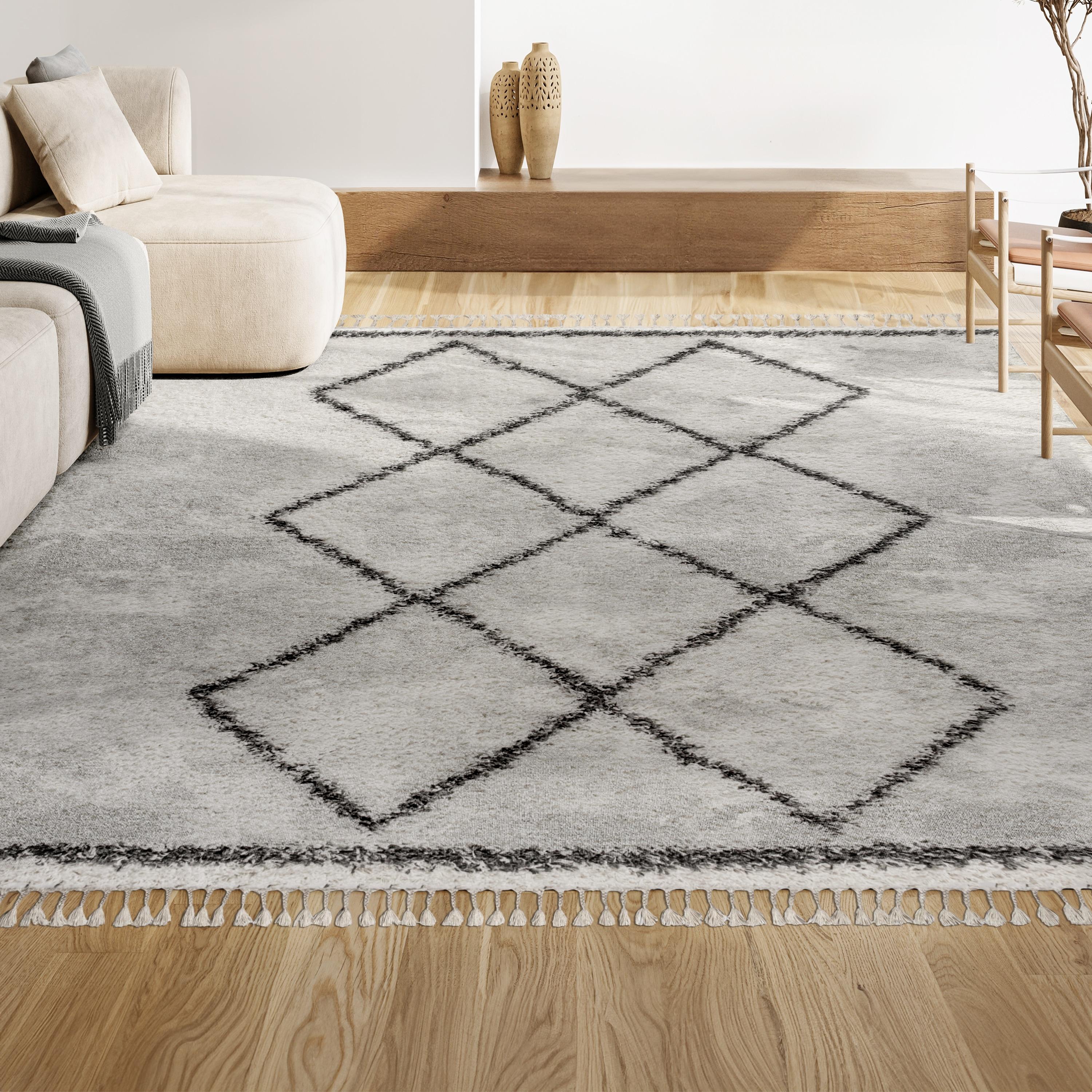 5'x8' Mercer Shag Plush Tassel Moroccan Geometric Trellis Area Rug, Cream/Grey - JONATHAN Y
