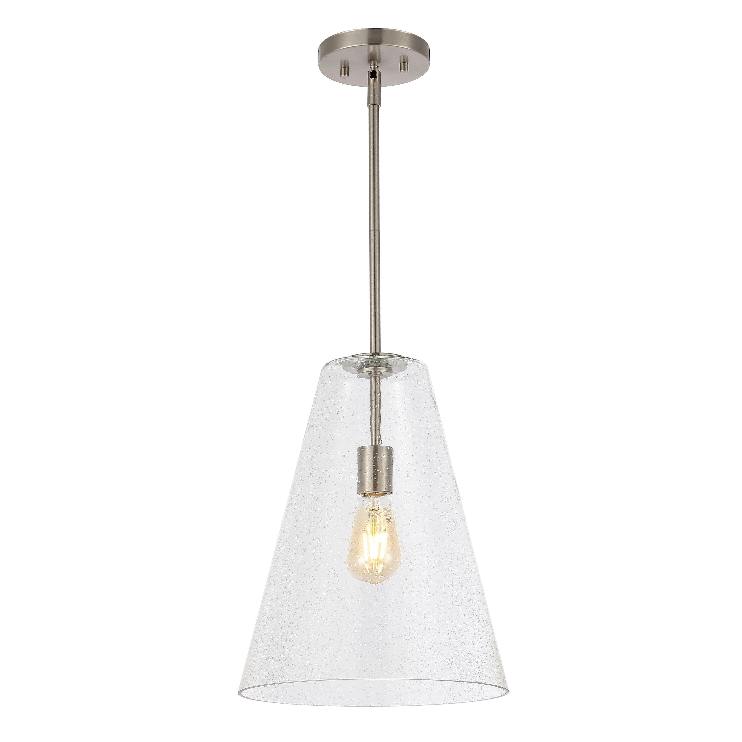 Arlo 11.5" 1-Light Mid-Century Modern Iron/Seeded Glass LED Pendant, Nickel/Clear