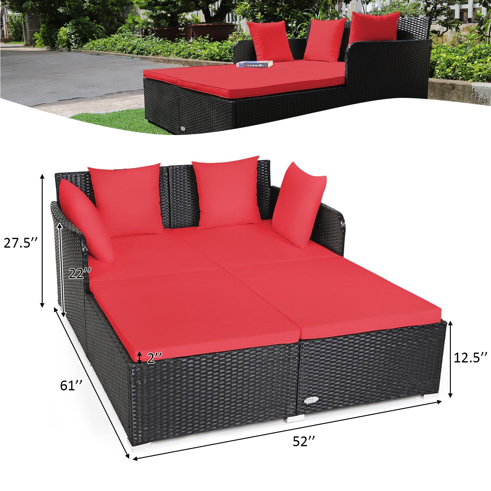 Costway Outdoor Patio Rattan Daybed Thick Pillows Cushioned Sofa Furniture Red