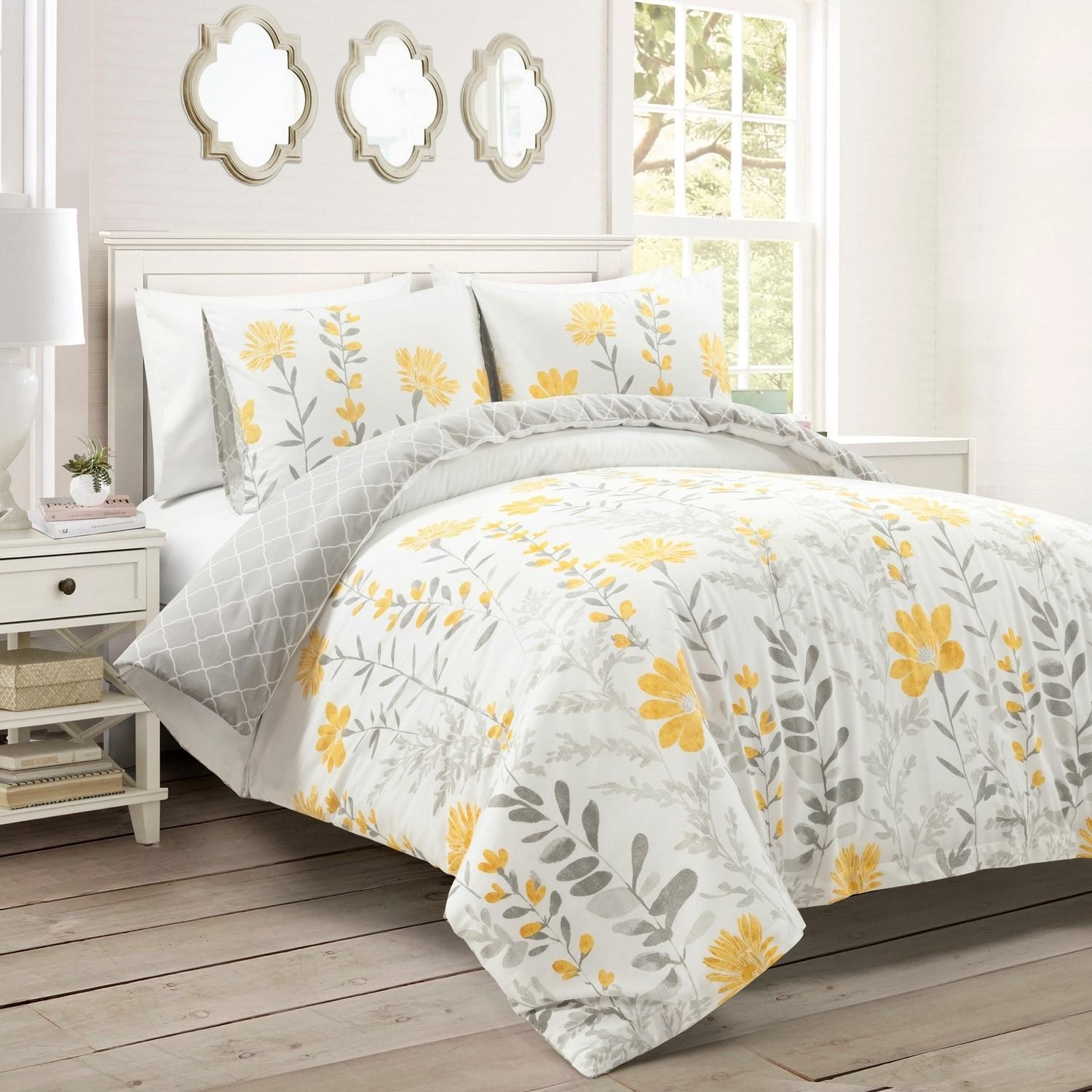 Yellow/Gray Standard Cotton Reversible 3 Piece Duvet Cover Set