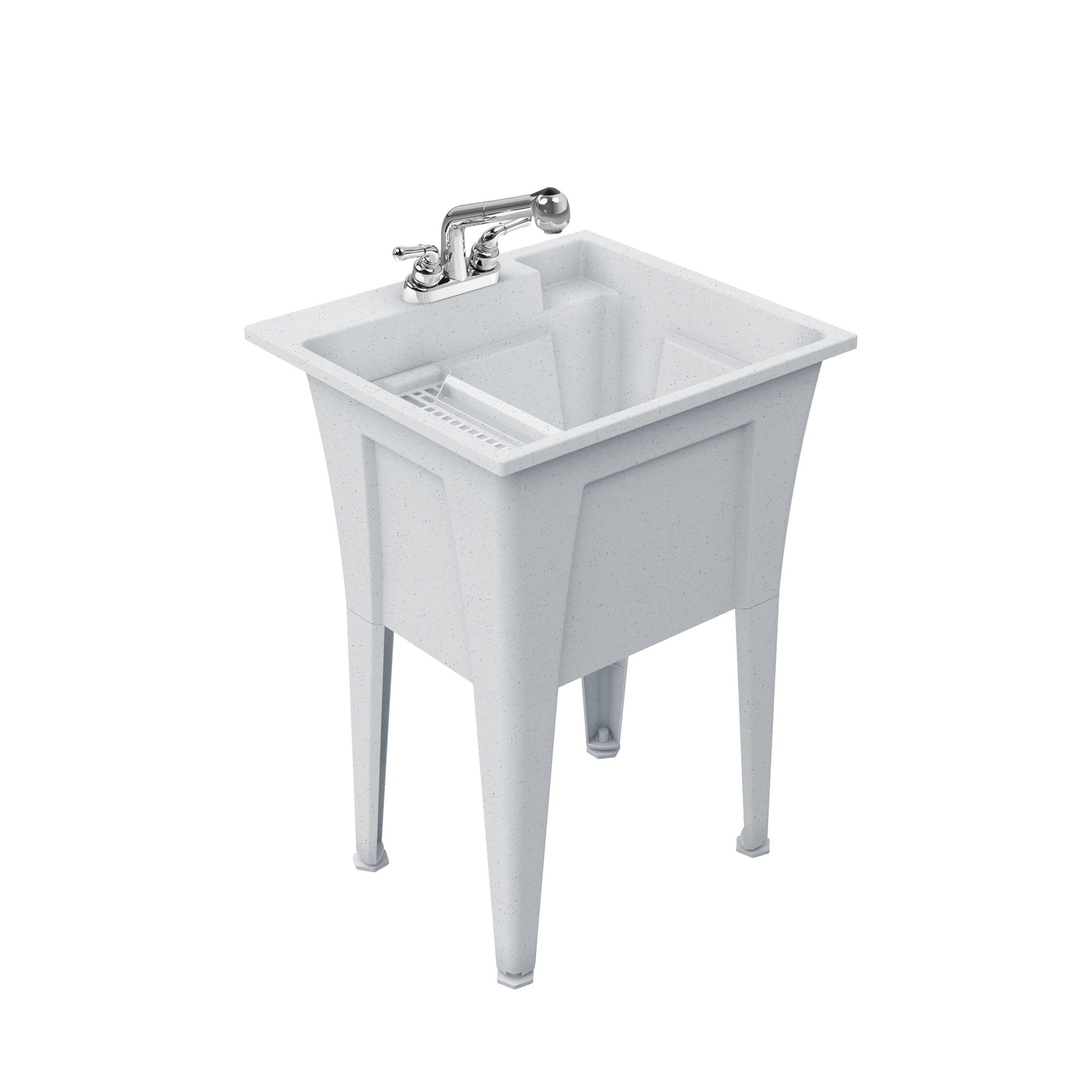 White Stone Freestanding Laundry Sink with Chrome Faucet