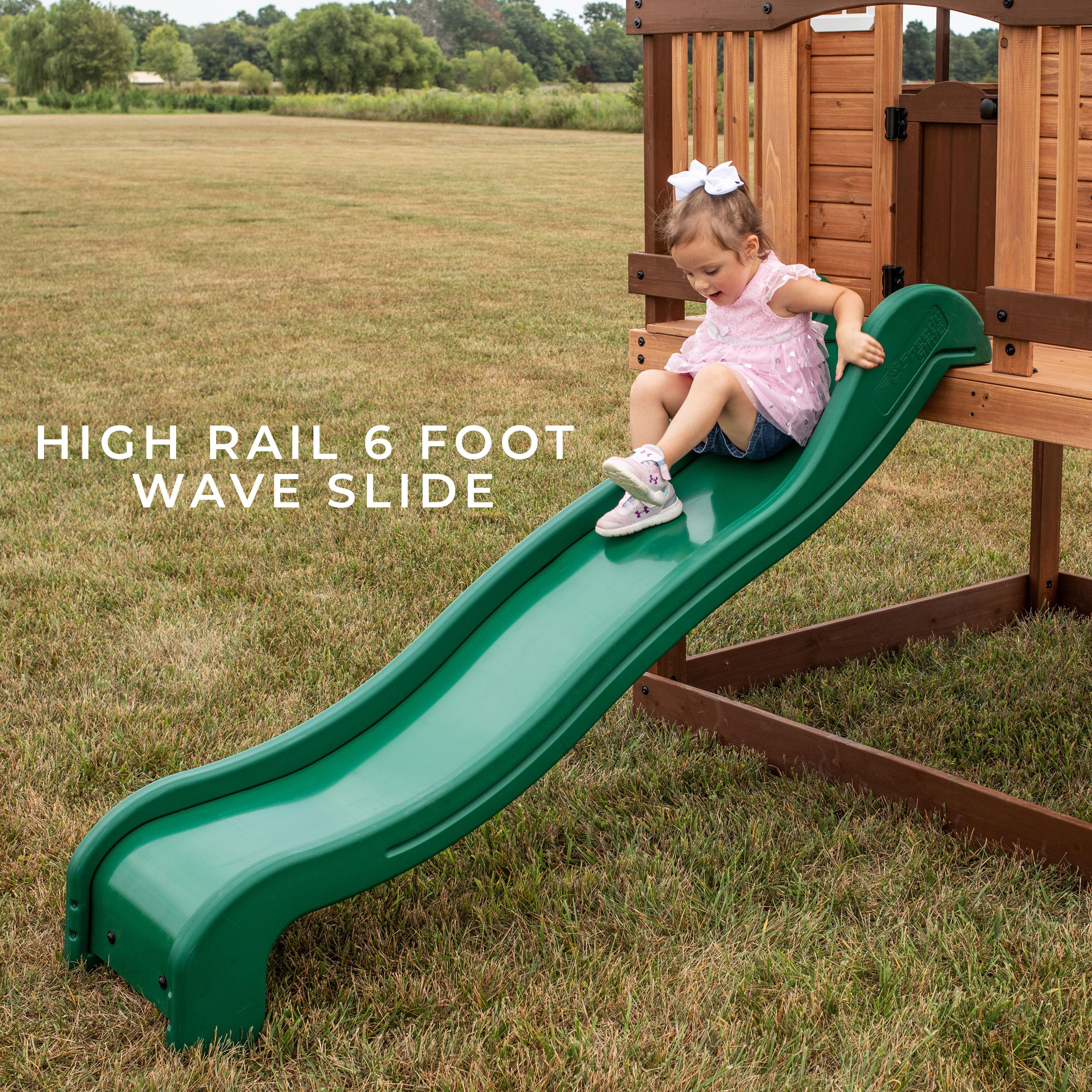 Backyard Discovery Echo Heights Cedar Wooden Elevated Playhouse, Slide, Play Kitchen