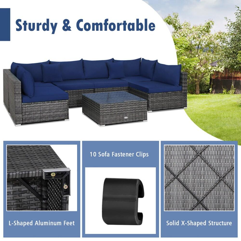 Costway 7PCS Patio Rattan Furniture Set Sectional Sofa Cushioned Garden Navy