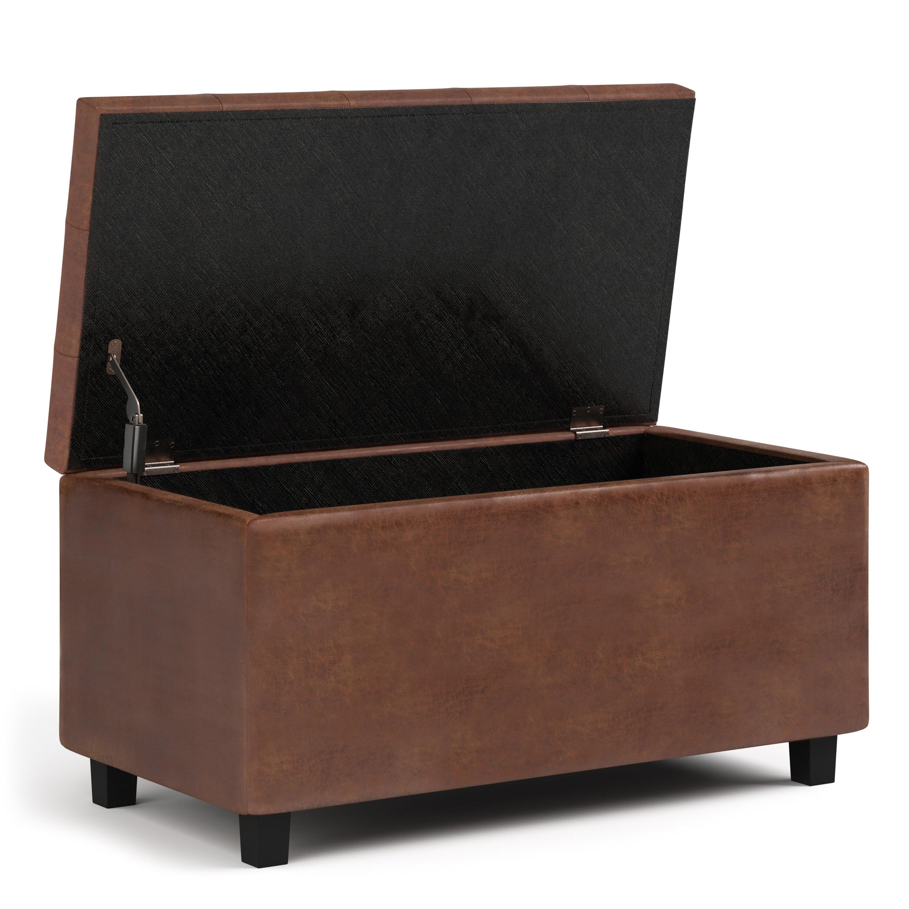 Simpli Home Cosmopolitan 34"W Upholstered Storage Ottoman with Tufted Design and Large Interior Storage