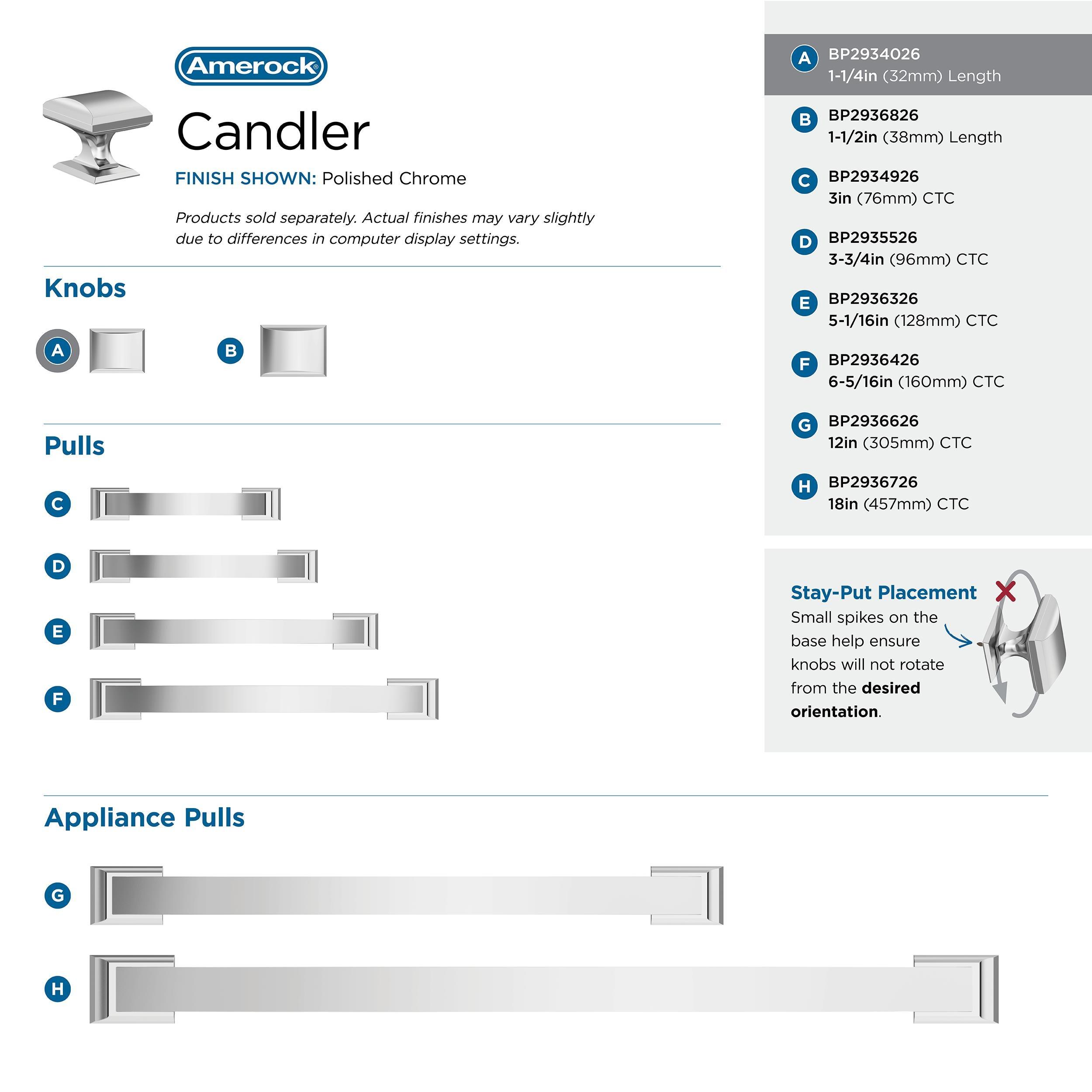 Amerock Candler 1-1/4 inch (32mm) Length Polished Chrome Cabinet Knob