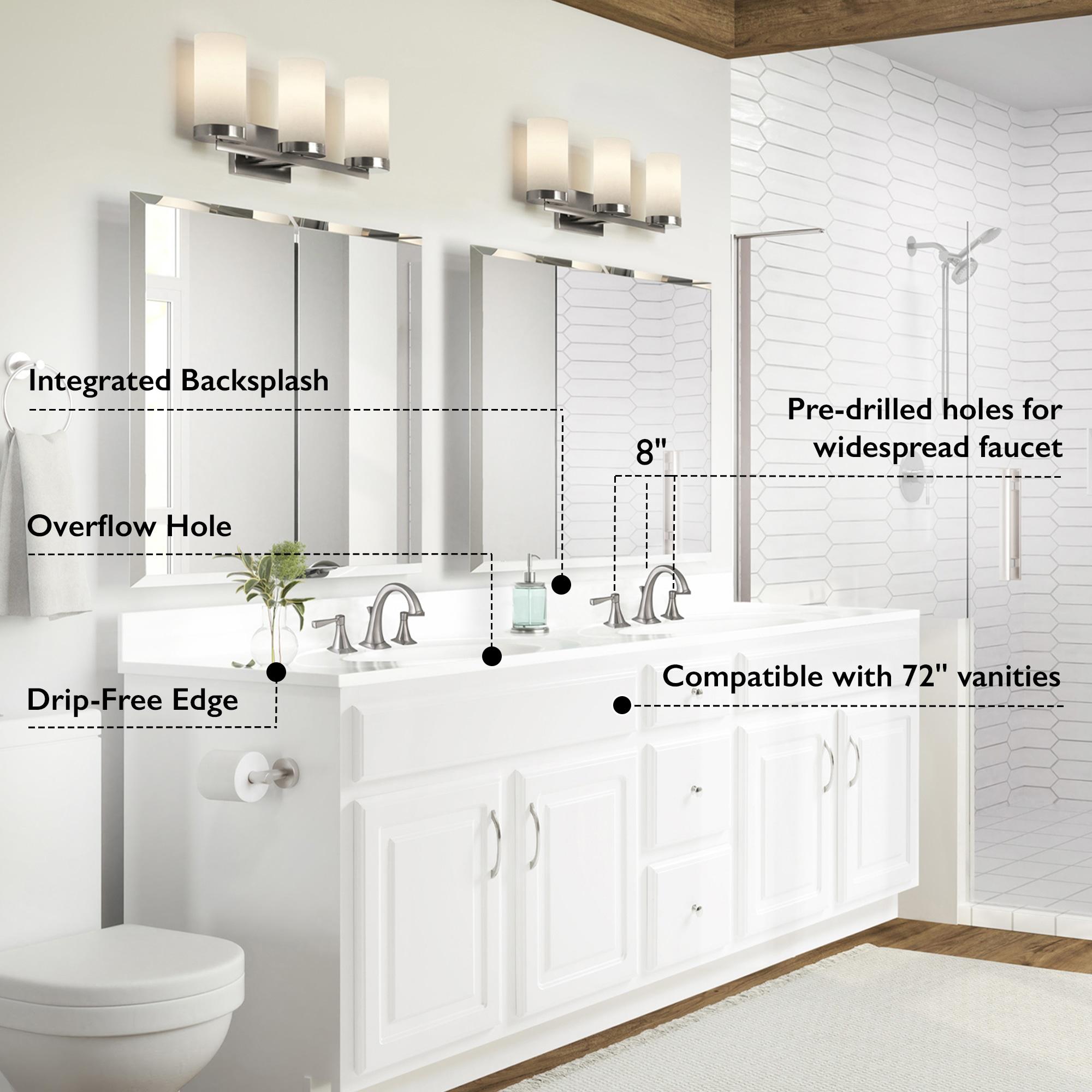 Design House 73 Inch Cultured Marble Vanity Top Two Sinks with Backsplash, White