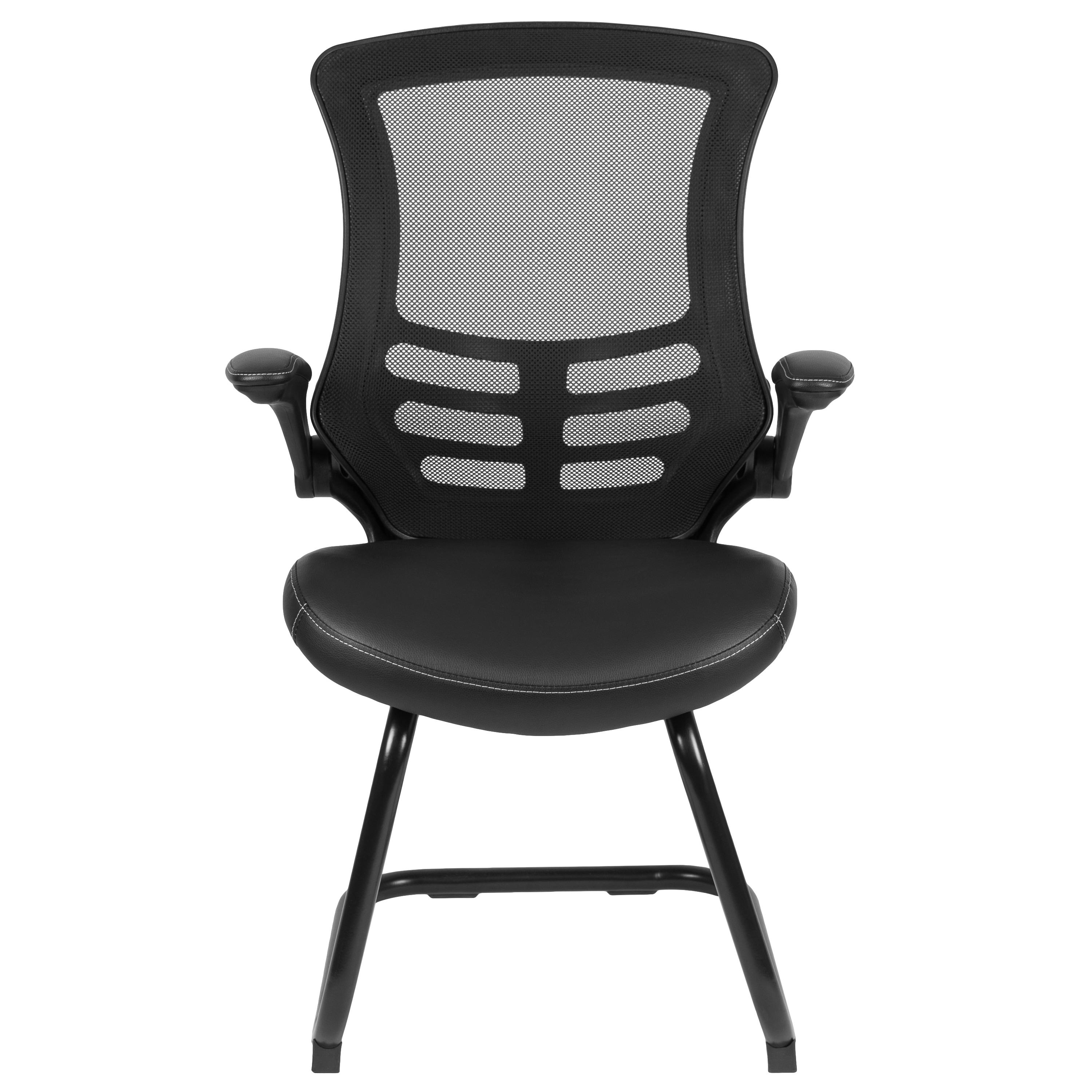 Flash Furniture Kelista Black Mesh Sled Base Side Reception Chair with White Stitched LeatherSoft Seat and Flip-Up Arms