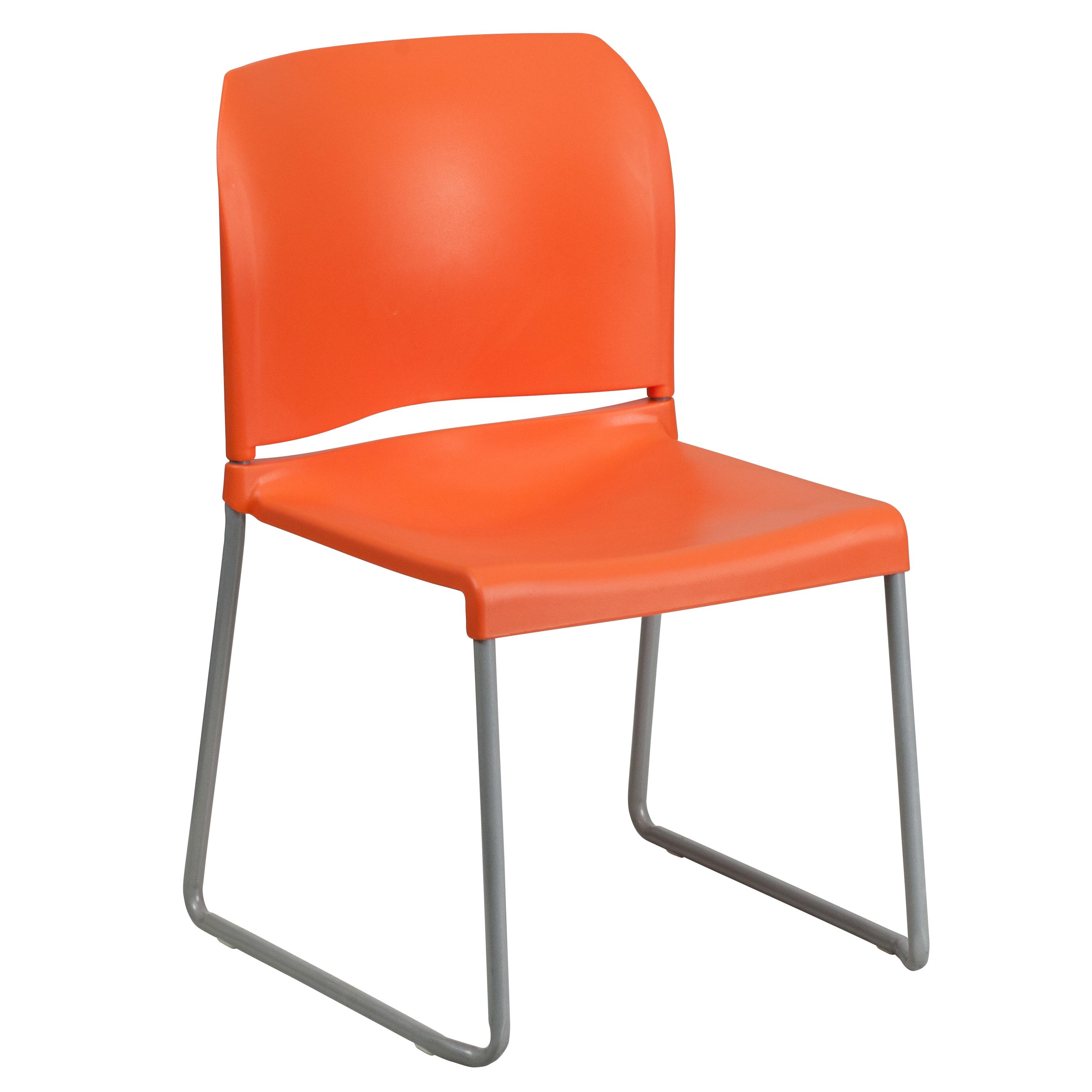 Flash Furniture HERCULES Series 880 lb. Capacity Orange Full Back Contoured Stack Chair with Gray Powder Coated Sled Base