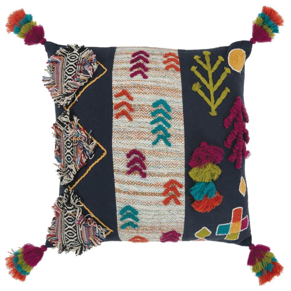 Multi-Color Embroidered Cotton 20'' x 20'' Pillow with Tassels