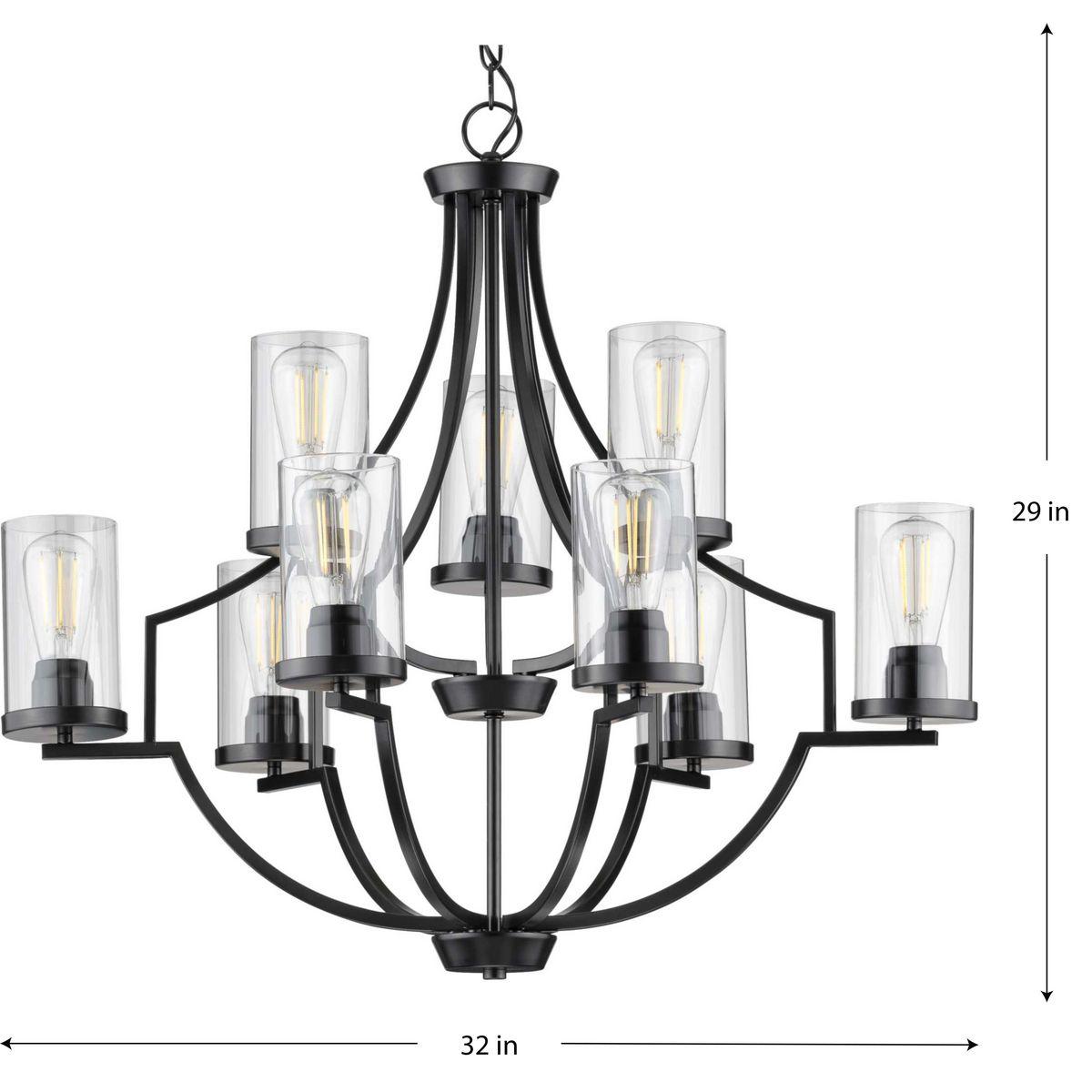Progress Lighting, Lassiter Collection, 9-Light Chandelier, Matte Black, Clear Glass Shades