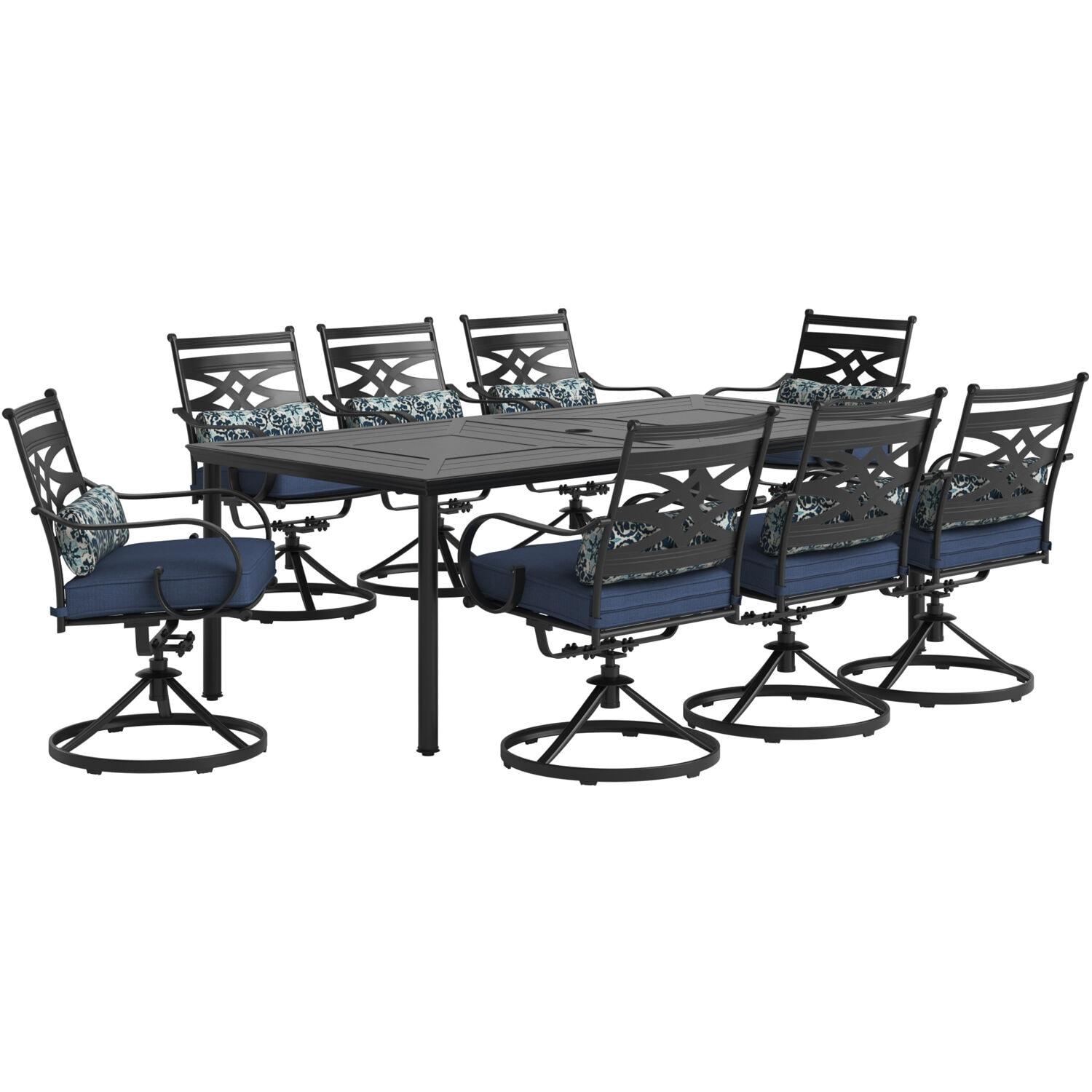 Hanover Montclair 9-Piece All-Weather Outdoor Patio Dining Set, 8 Swivel Rocker Chairs with Comfortable Seat and Lumbar Cushions, 84"x42" Stamped Rectangle Table, MCLRDN9PCSW8-NVY