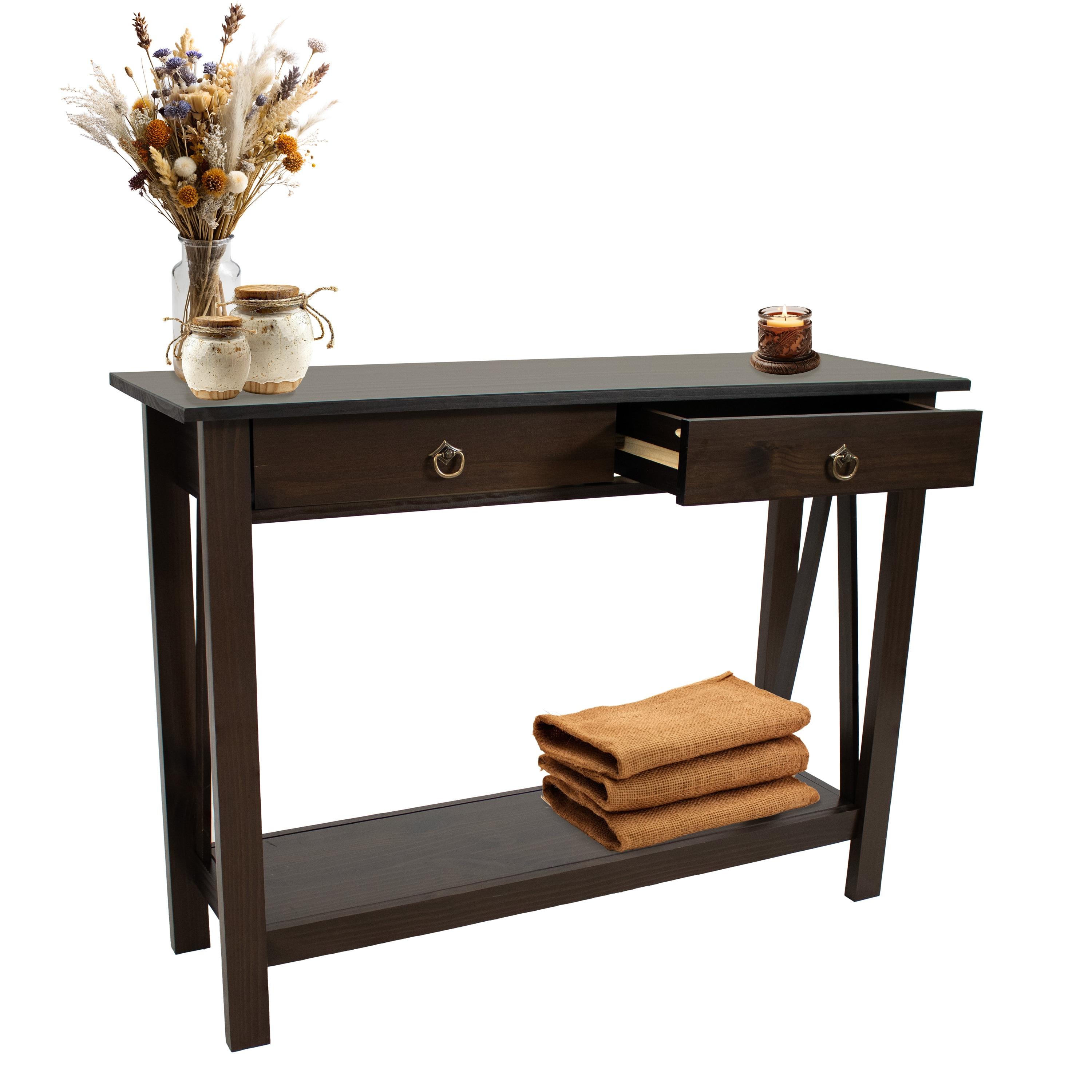 Sunnydaze Indoor Console Table with 2 Drawers and Shelf - Solid Pine Construction - Dark Brown - 42"