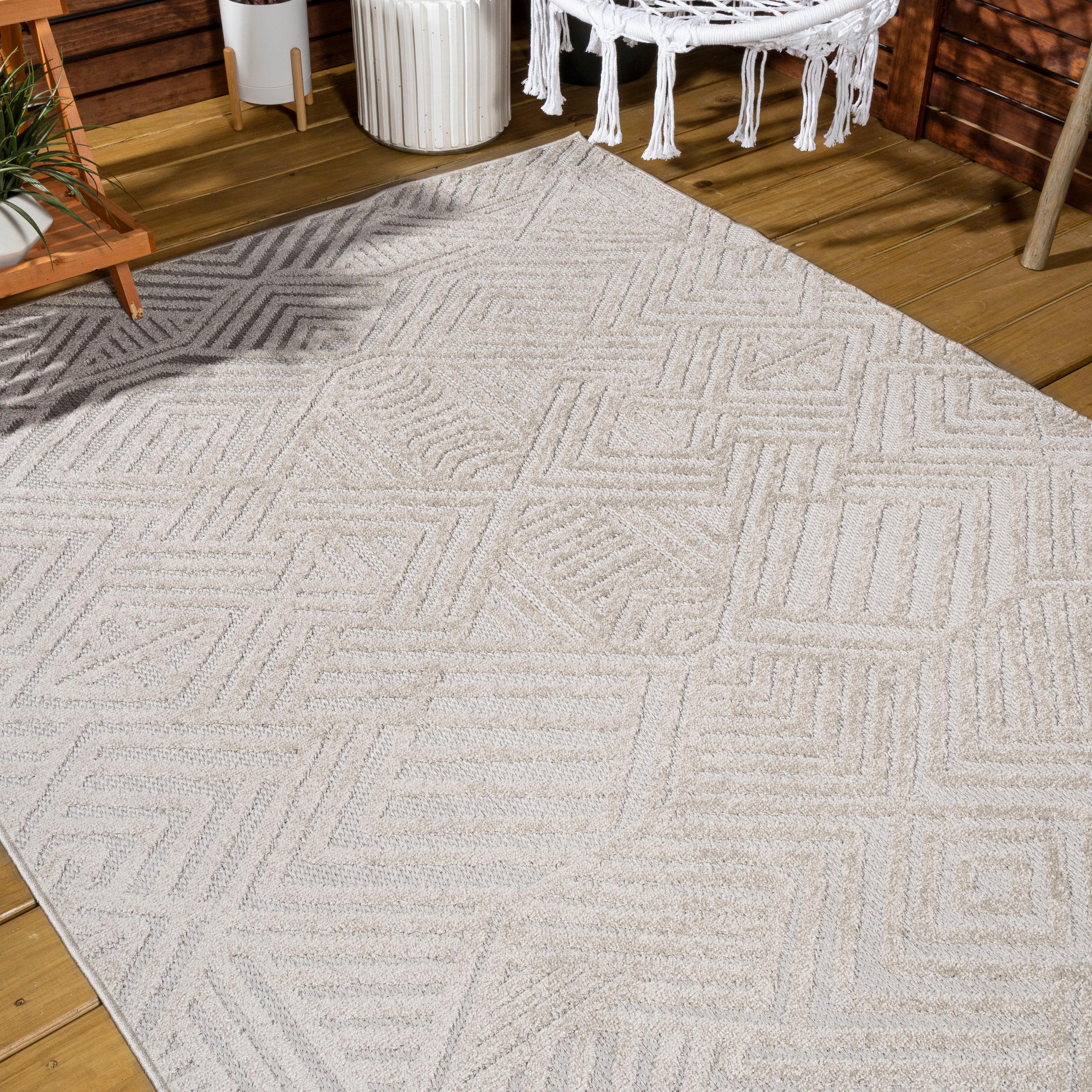 5'x8' Jordan High-Low Pile Art Deco Geometric Indoor/Outdoor Area Rug, Beige - JONATHAN Y