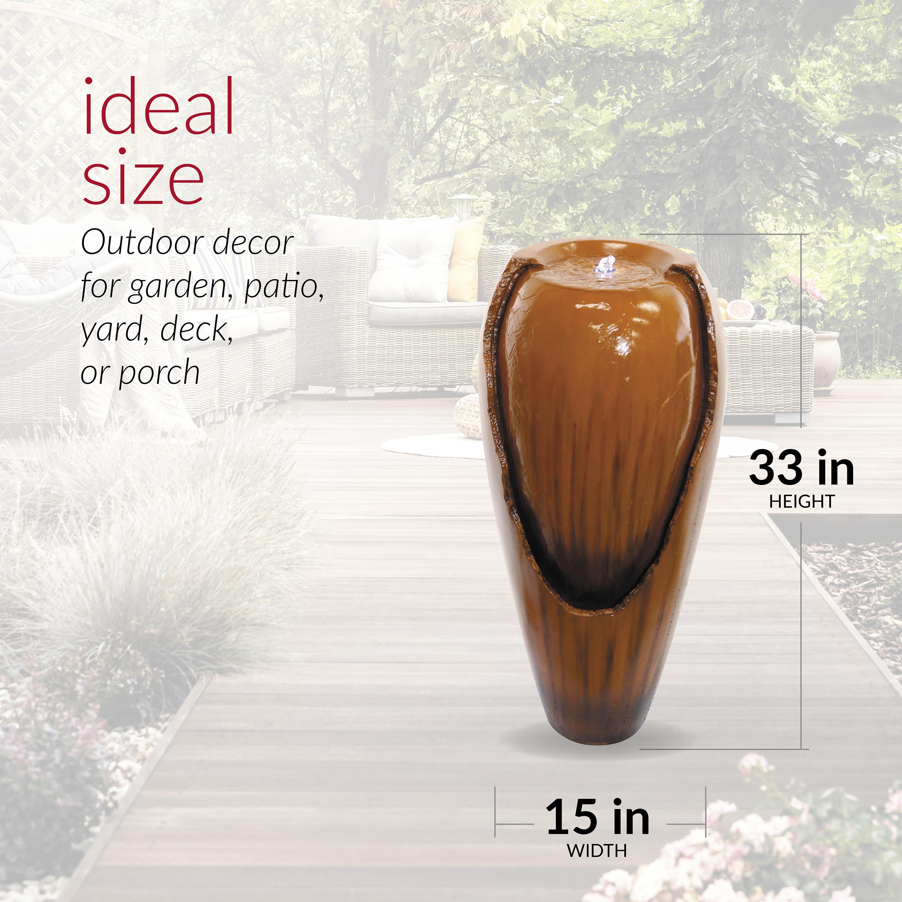 Alpine Corporation DIG100XS-BR Outdoor Floor Antique Jar Water Fountain with LED Lights, Vintage LED Waterfall, 33", Brown
