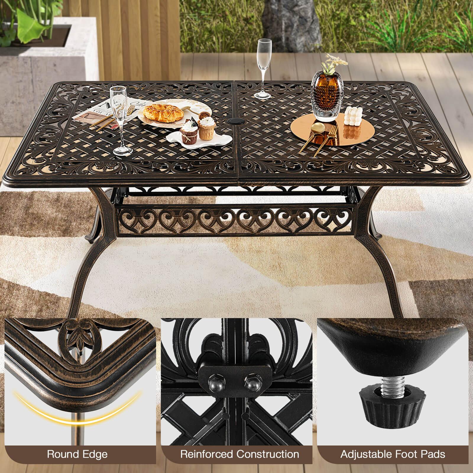 Outvita 59inch Patio Dinning Table, Outdoor Cast Aluminum Large Rectangle Table with Umbrella Hole and Antique Design for Backyard Pool Balcony Deck