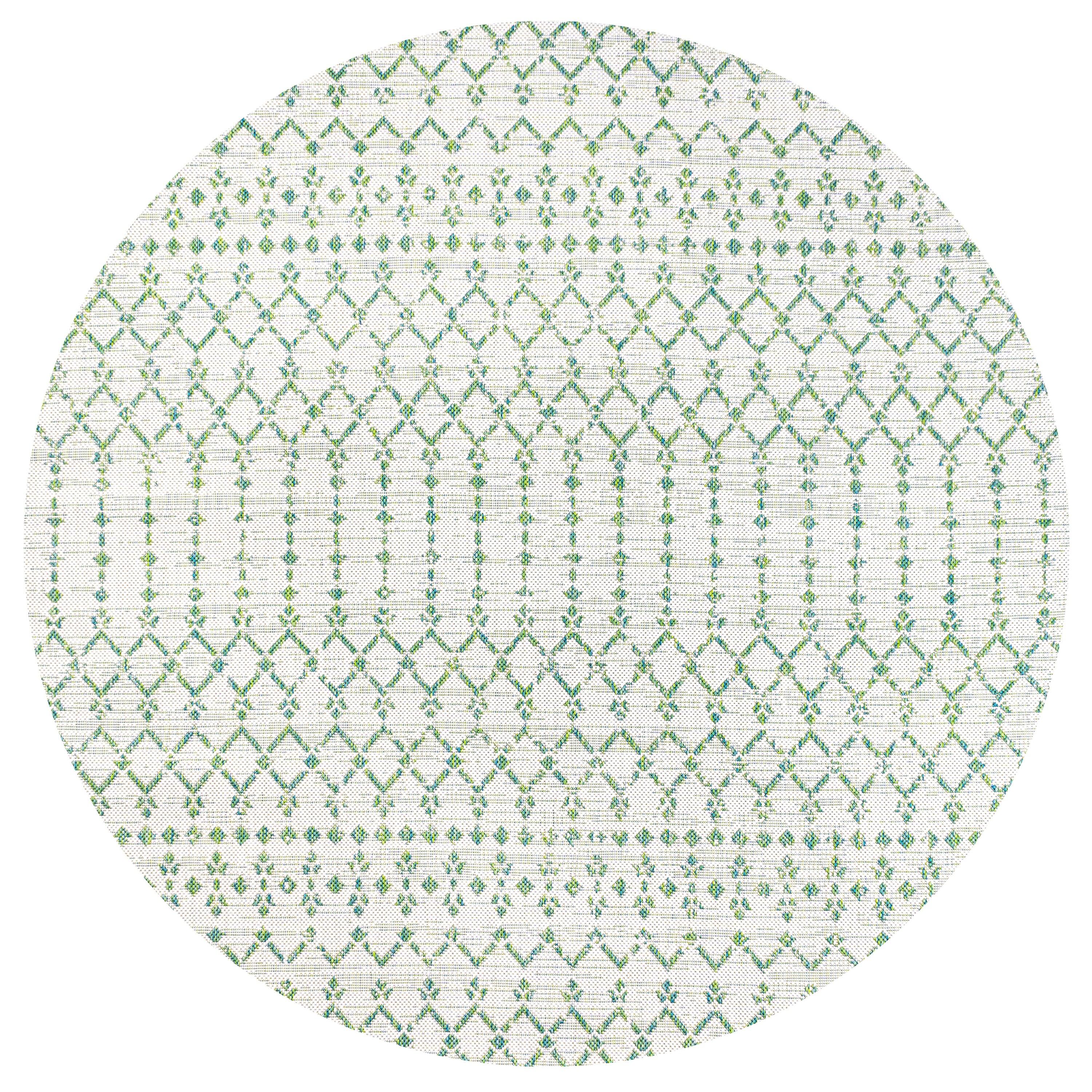 5' Round Ourika Moroccan Geometric Textured Weave Indoor/Outdoor Area Rug, Green/Ivory - JONATHAN Y