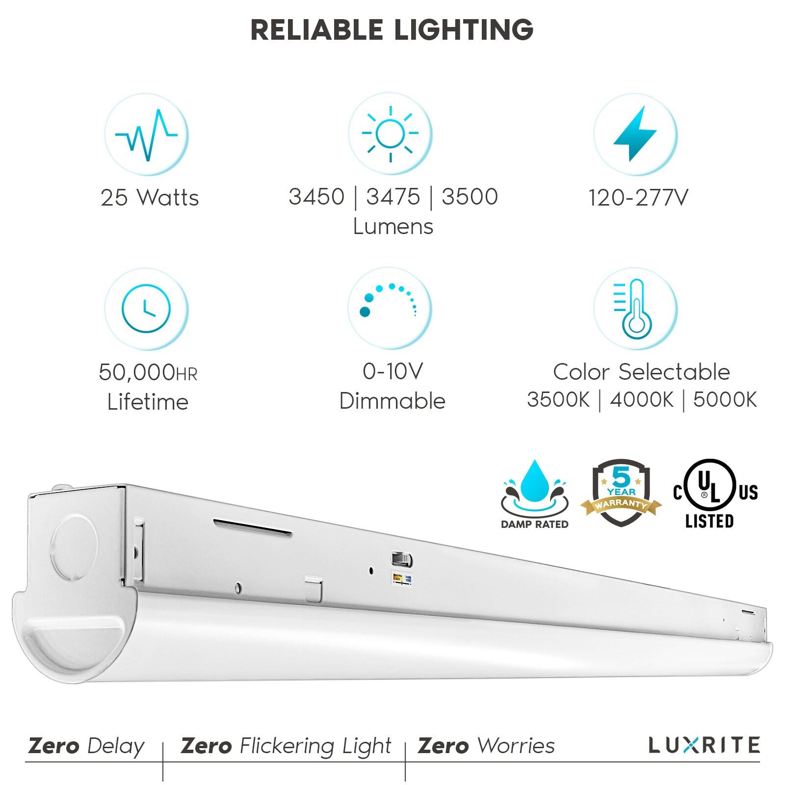 Luxrite 3FT Slim LED Shop Light, 25W, 3450 Lumens, 3 Color Selectable 3500K-5000K, 0-10V Dimmable, Damp Rated UL Listed