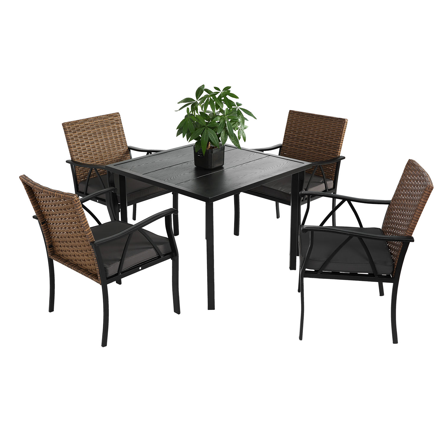 howcoolmall 5 Piece Patio Dining Set for 4, 4 Chairs with Cushions and 1 Square Table with 1.75” Umbrella Hole Outdoor Furniture Set, Black and Brown